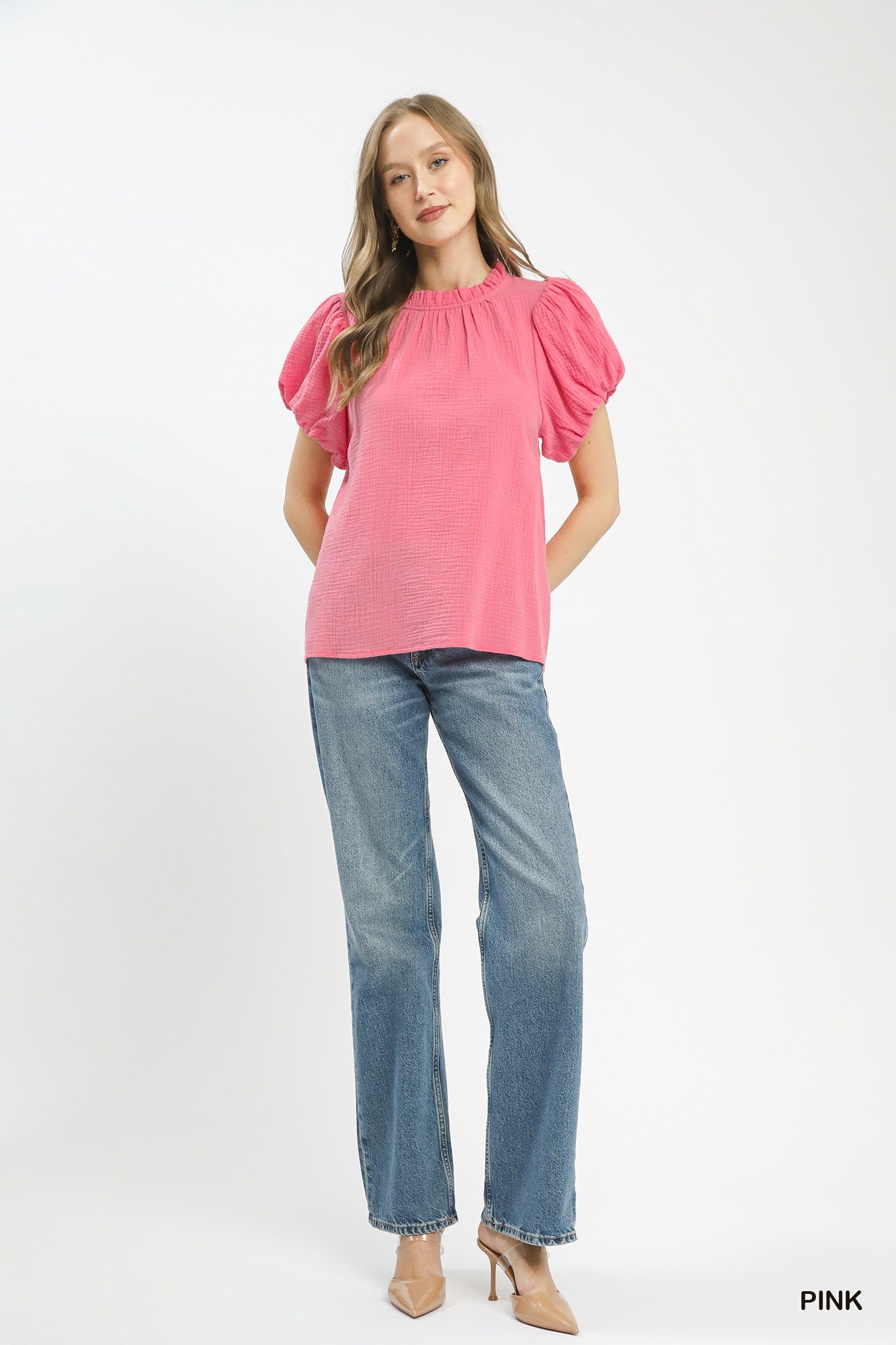 Umgee Textured Gauze Ruffle Neck Boho Top -