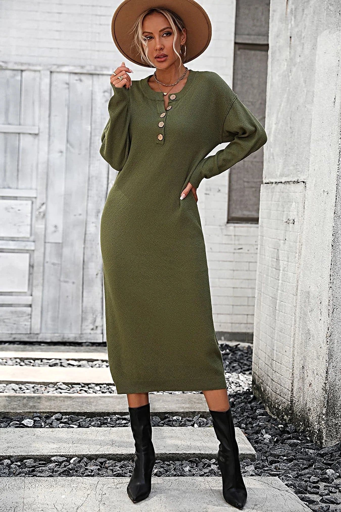 Notched Neck Dropped Shoulder Button-Down Midi Dress -