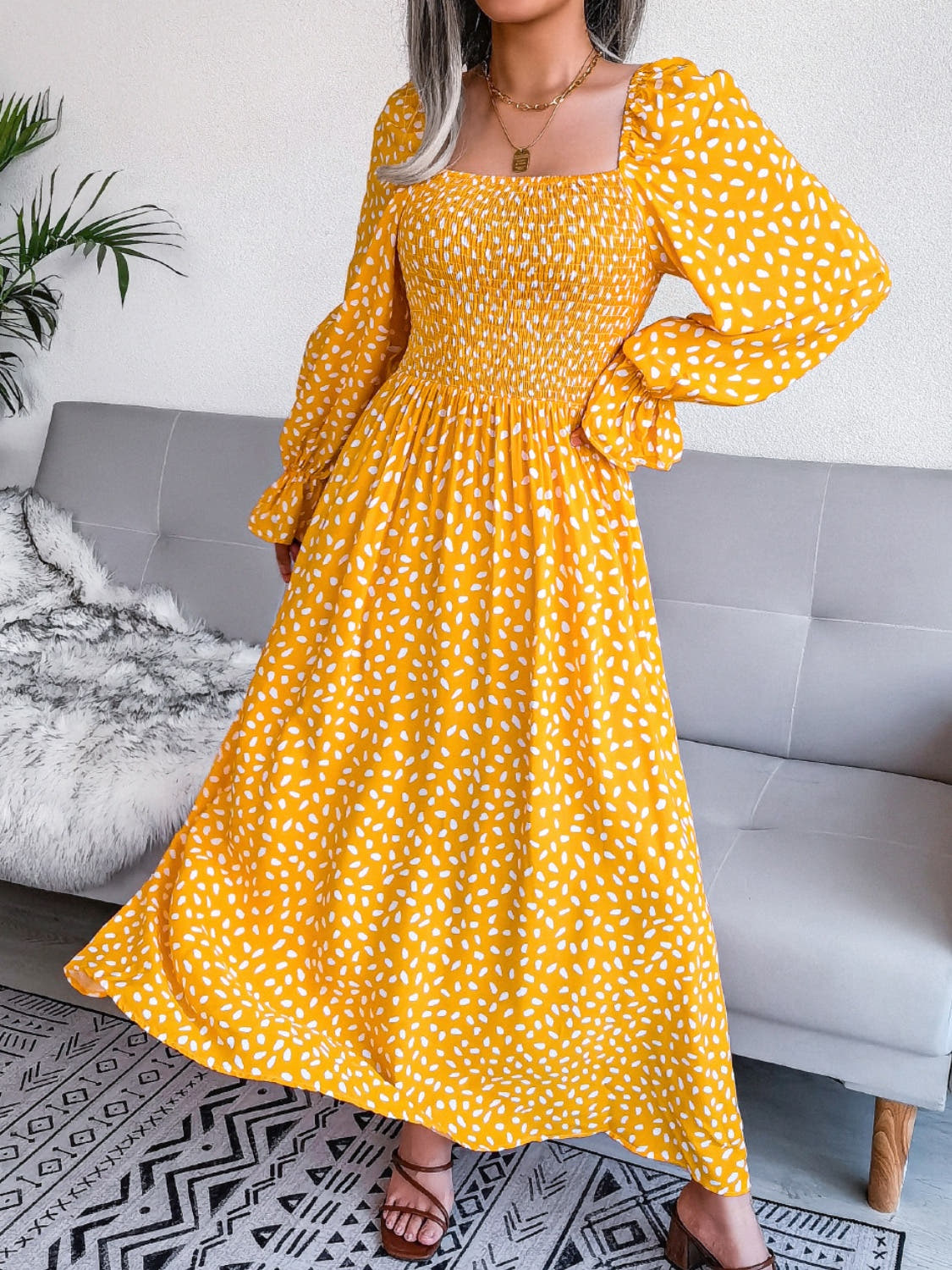 Smocked Square Neck Flounce Sleeve Dress -