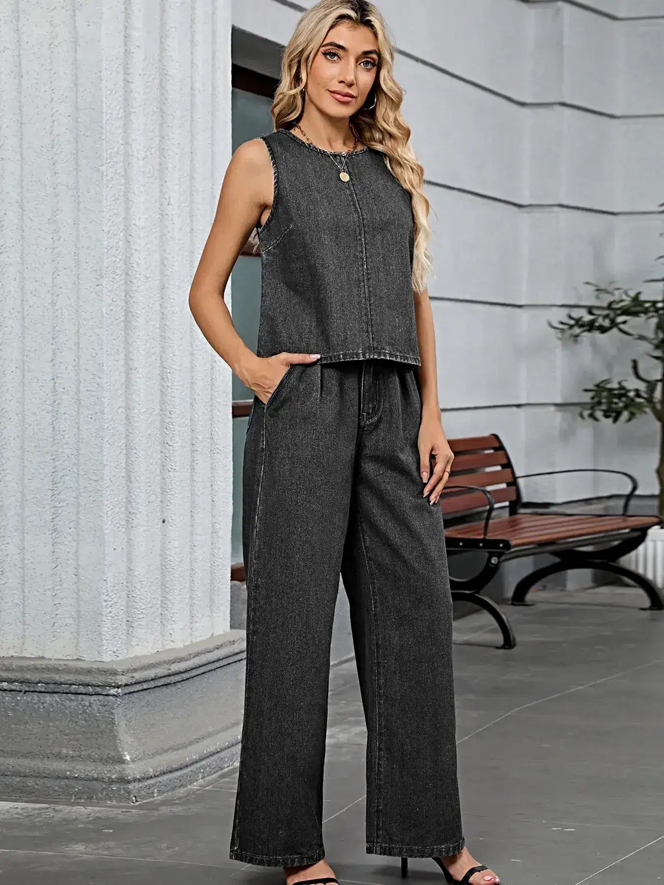Round Neck Tank and Pants Denim Set -
