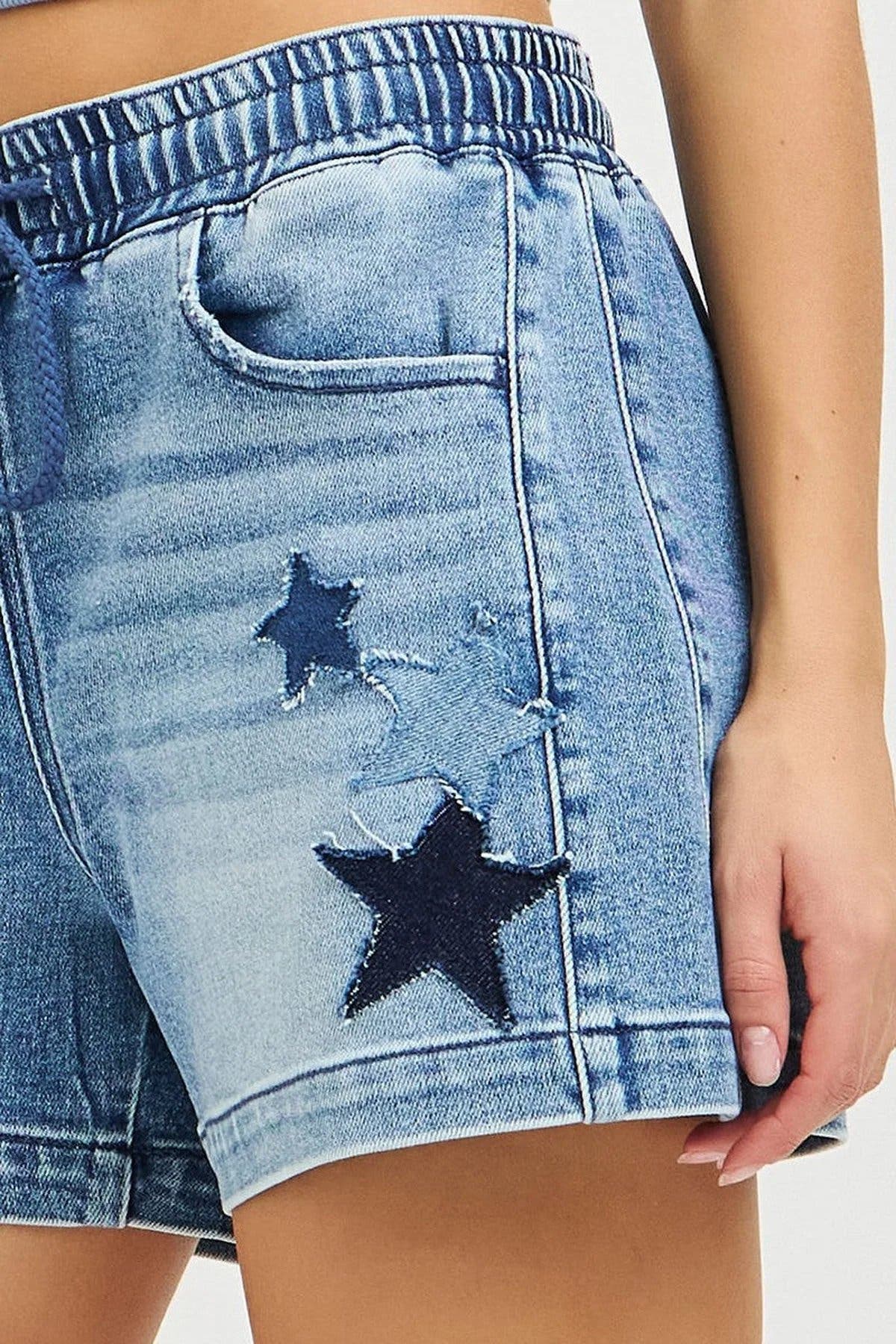 RISEN Elastic Band Slouchy Denim Shorts with Star Patched Details -