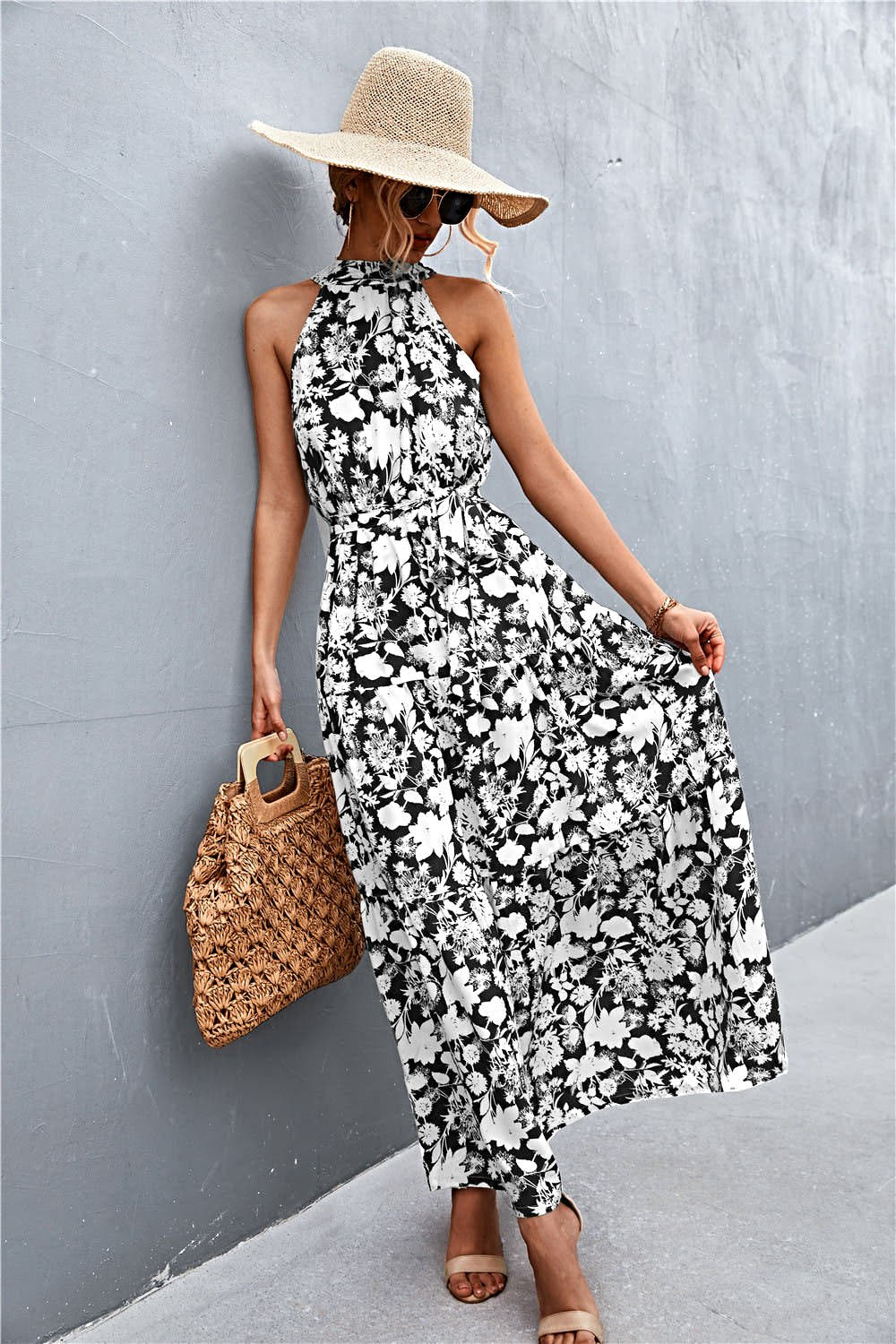 Grecian Printed Tie Waist Maxi Dress with Sleeveless Design and Polka Dot Floral Pattern Trendsi