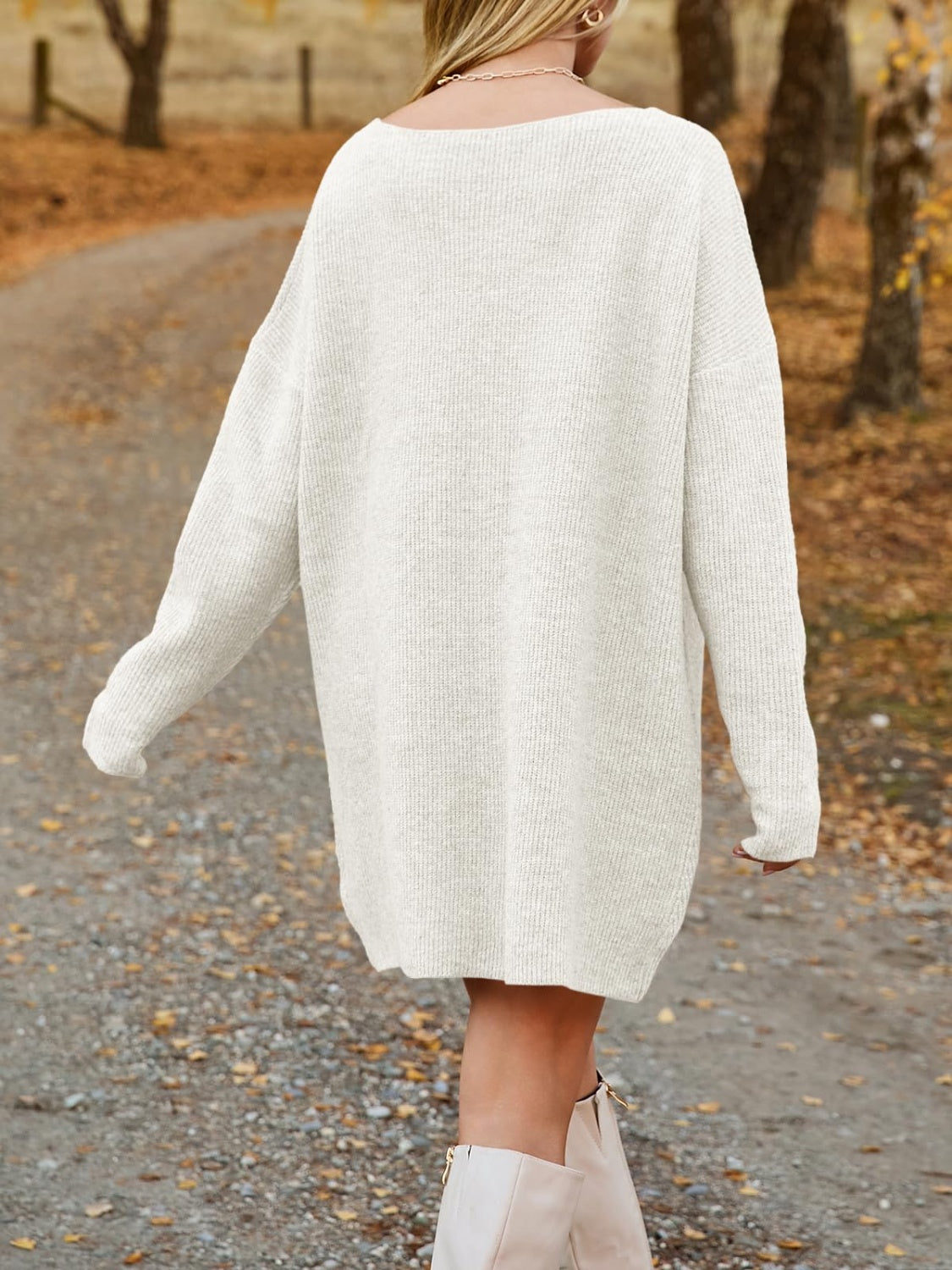 V-Neck Dropped Shoulder Sweater Dress -