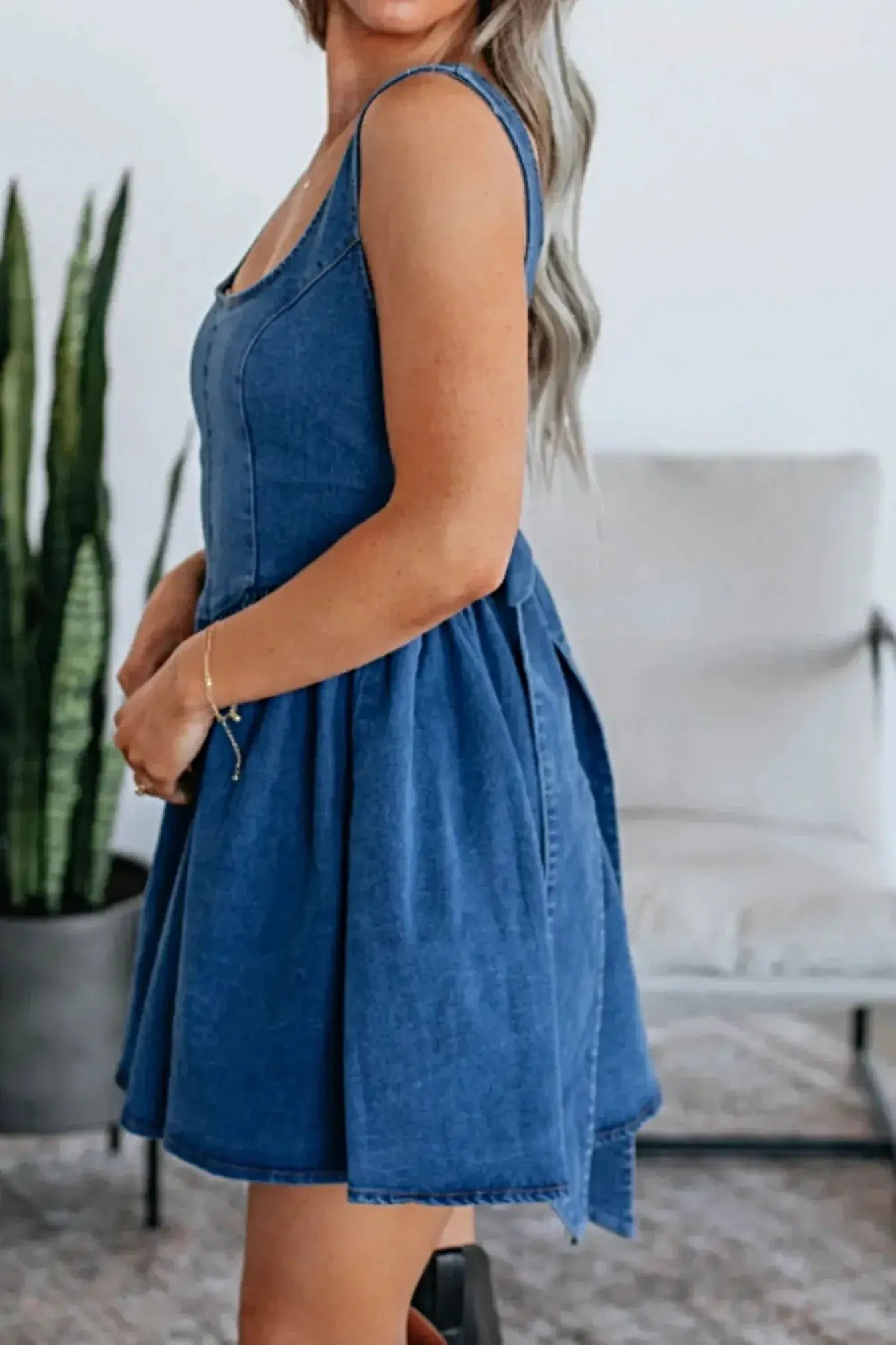 V-Back Bow Tie Denim Skater Dress -