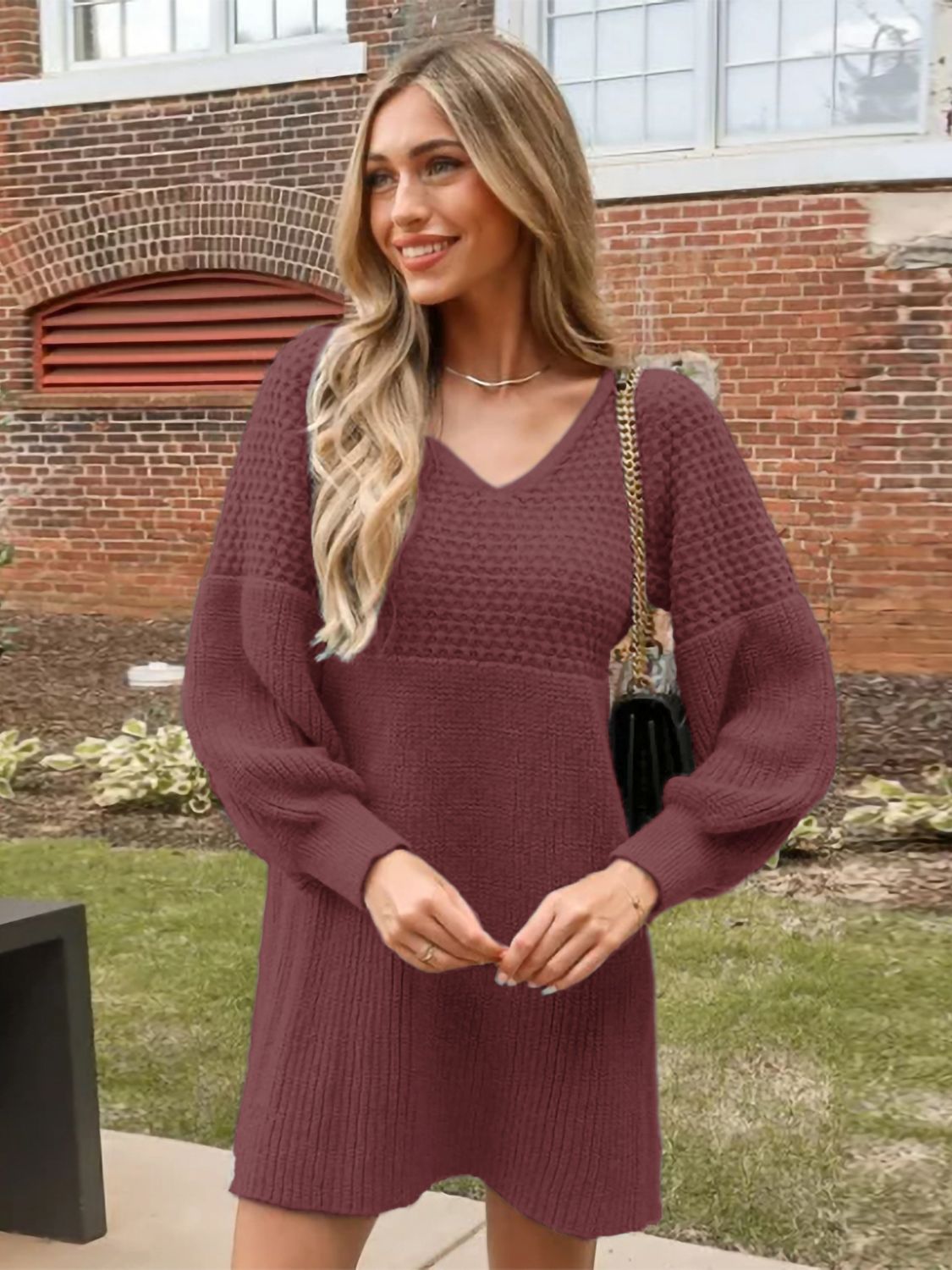 Perfee V-Neck Long Sleeve Sweater Dress Trendsi