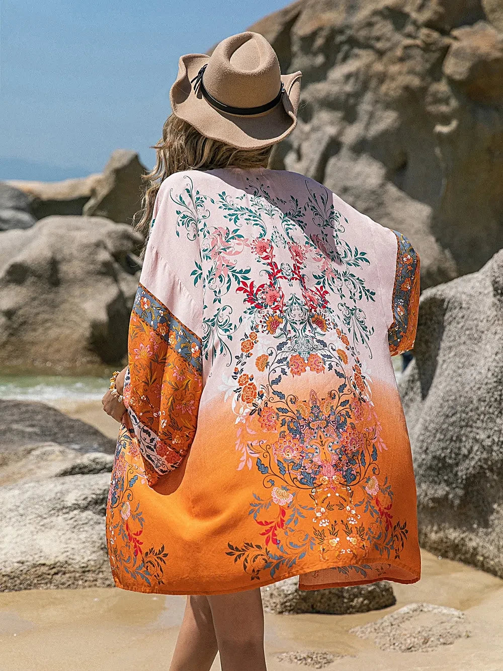 Printed Open Front Long Sleeve Cover-Up -