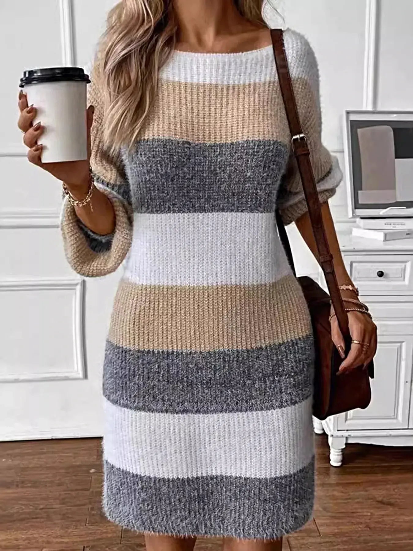 Color Block Long Sleeve Sweater Dress -
