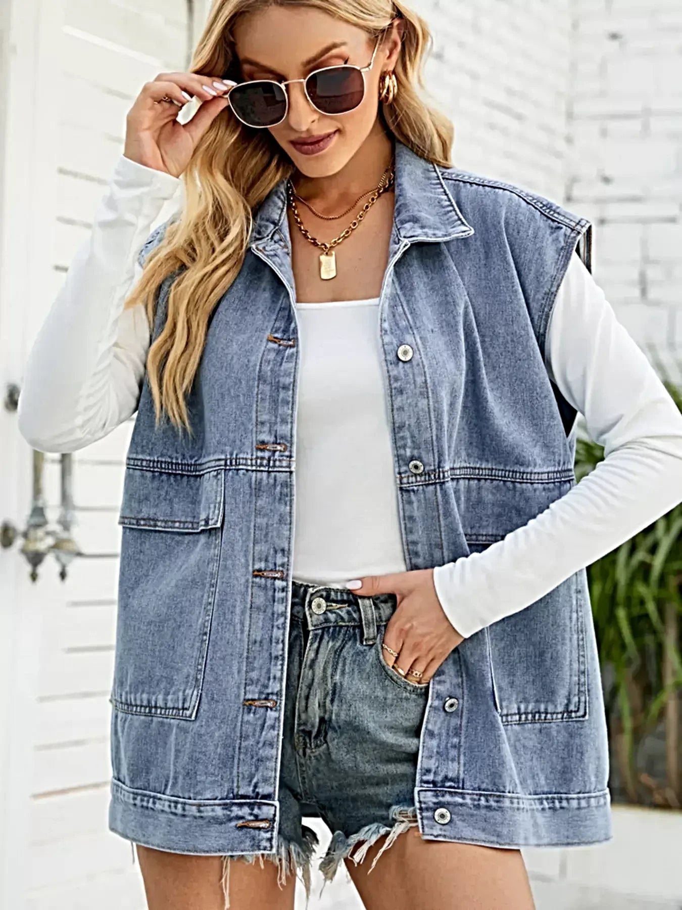Sleeveless Button-Down Denim Jacket -