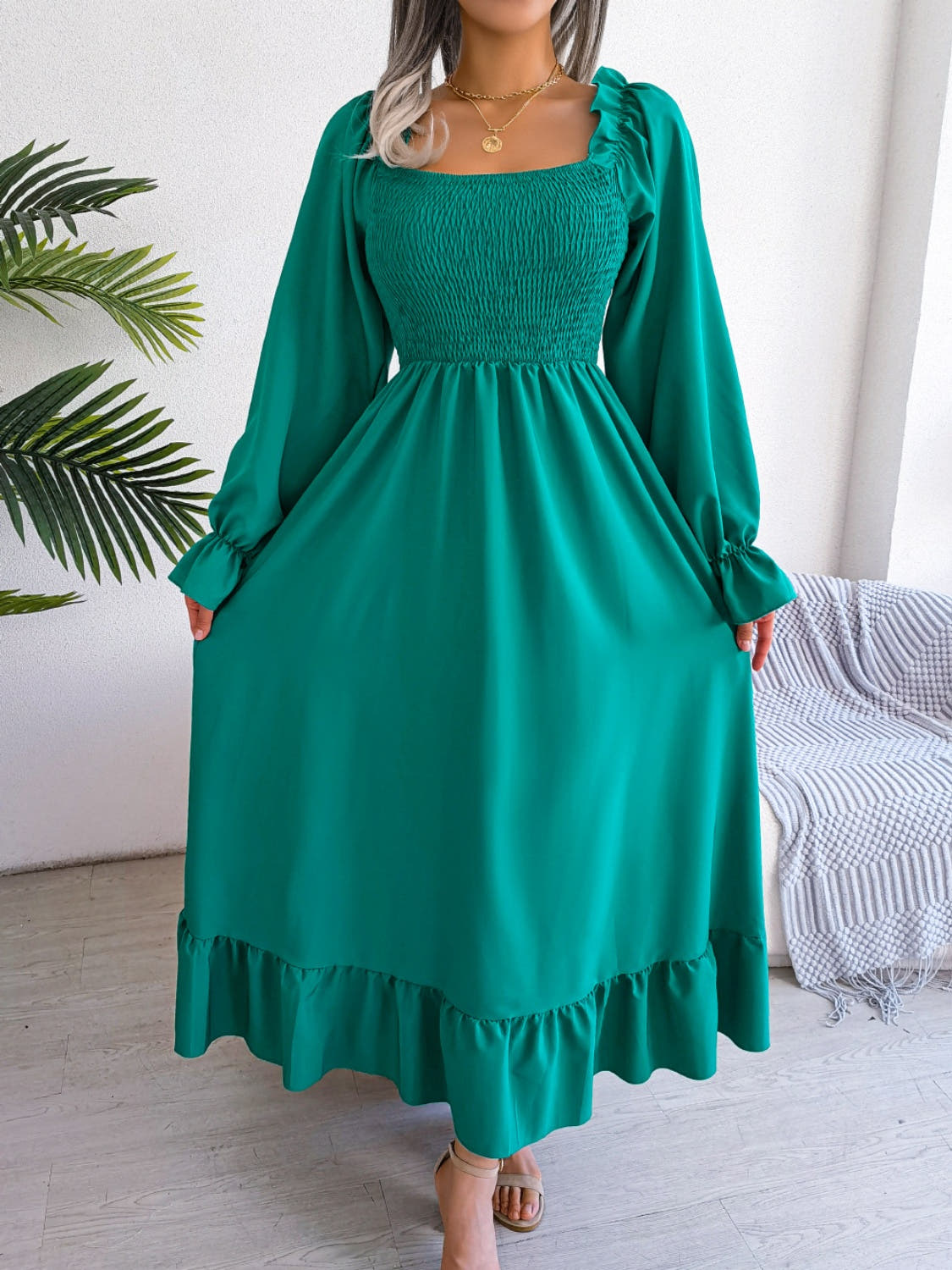 Smocked Square Neck Flounce Sleeve Dress -