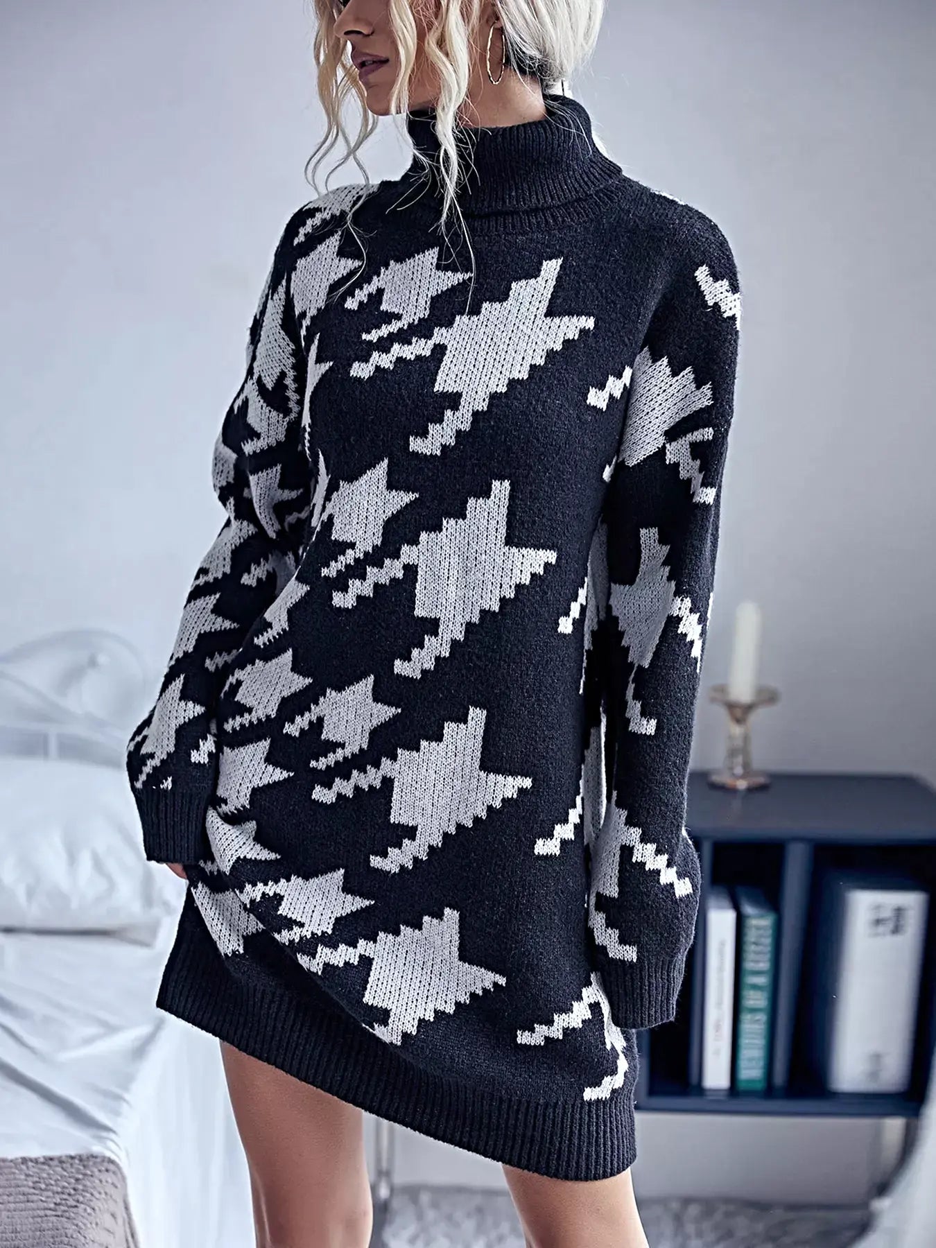 Houndstooth Pattern Turtleneck Sweater Dress -