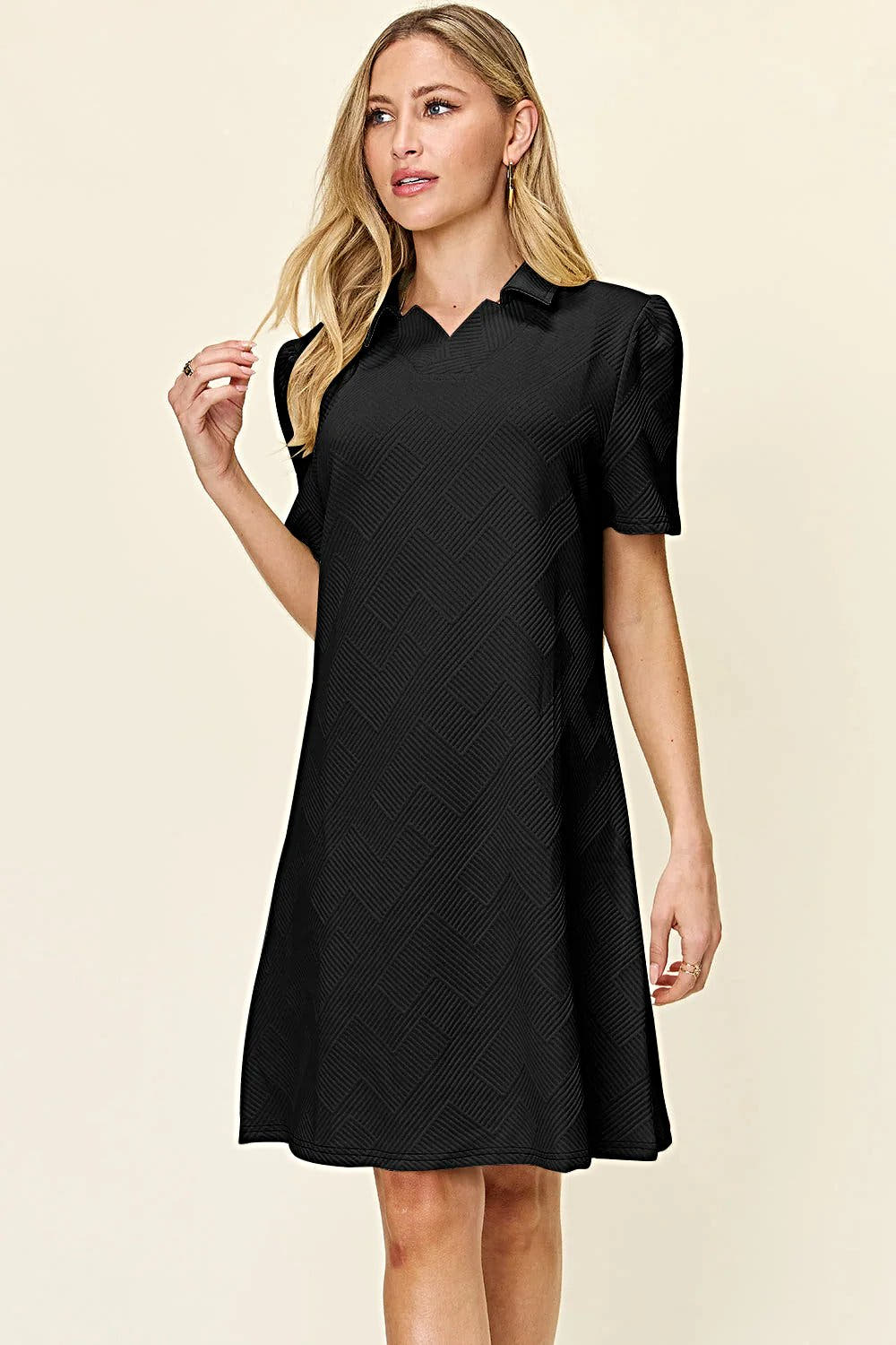 Elegant Double Take Short Sleeve Collar Dress - Textured Opaque Design, Slightly Stretchy, Machine Washable Trendsi