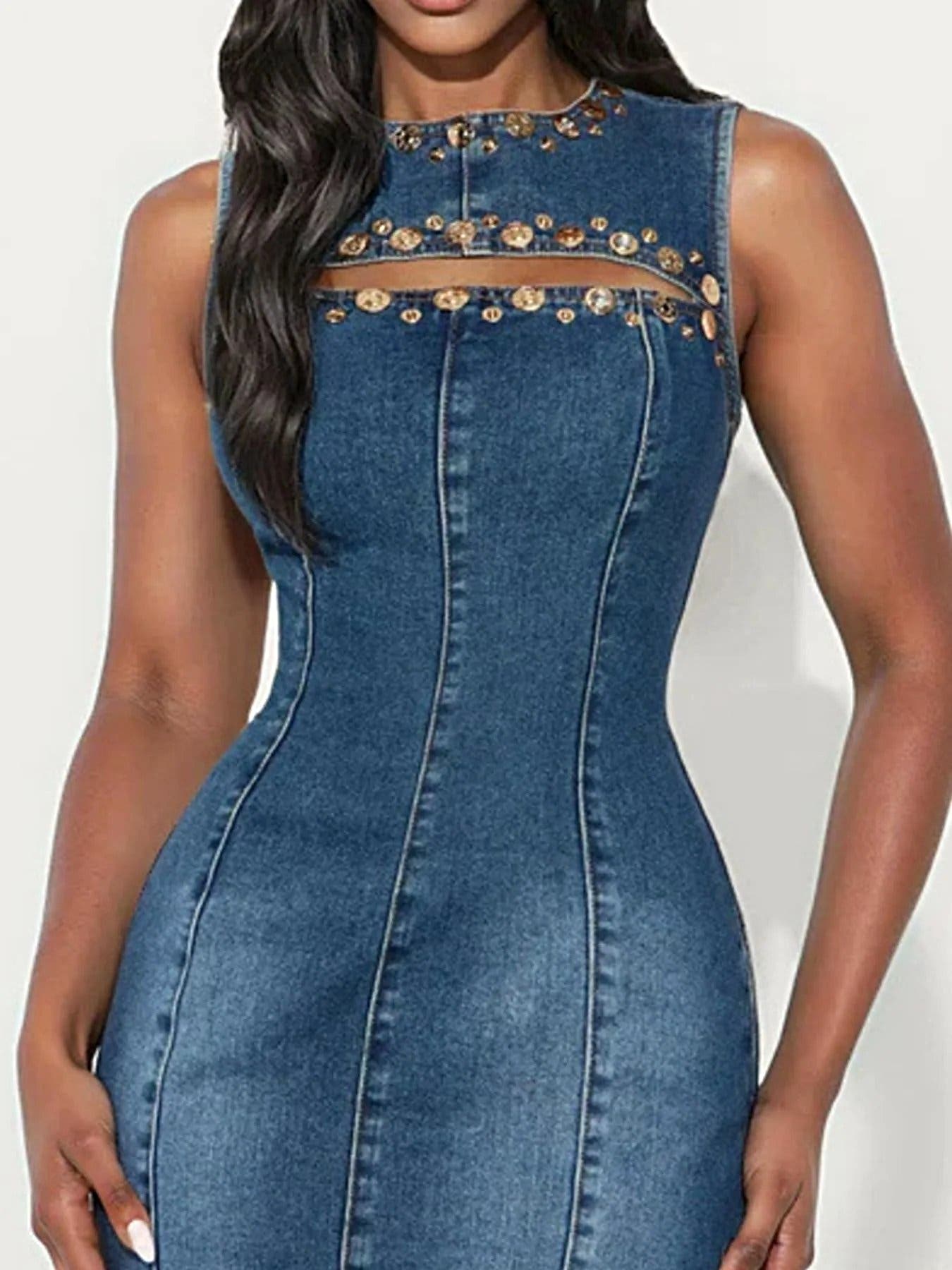Embellished Cutout Sleeveless Denim Dress -