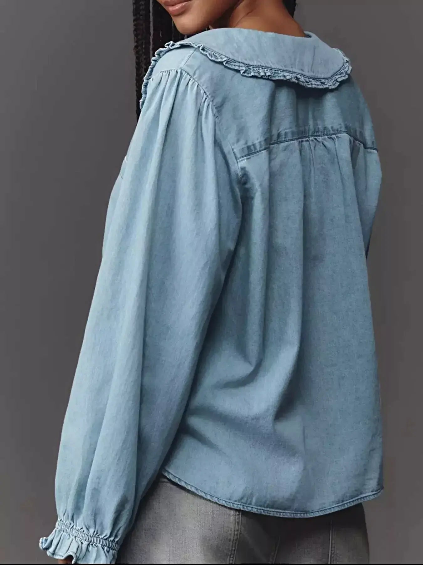 Peter Pan Collar Ruffled Denim Shirt -