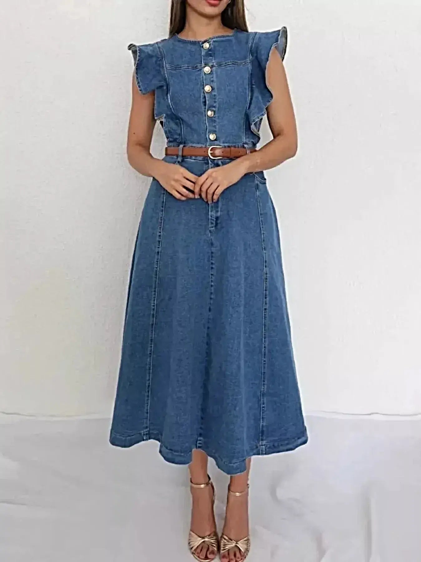 Ruffled Button Front Denim Dress -
