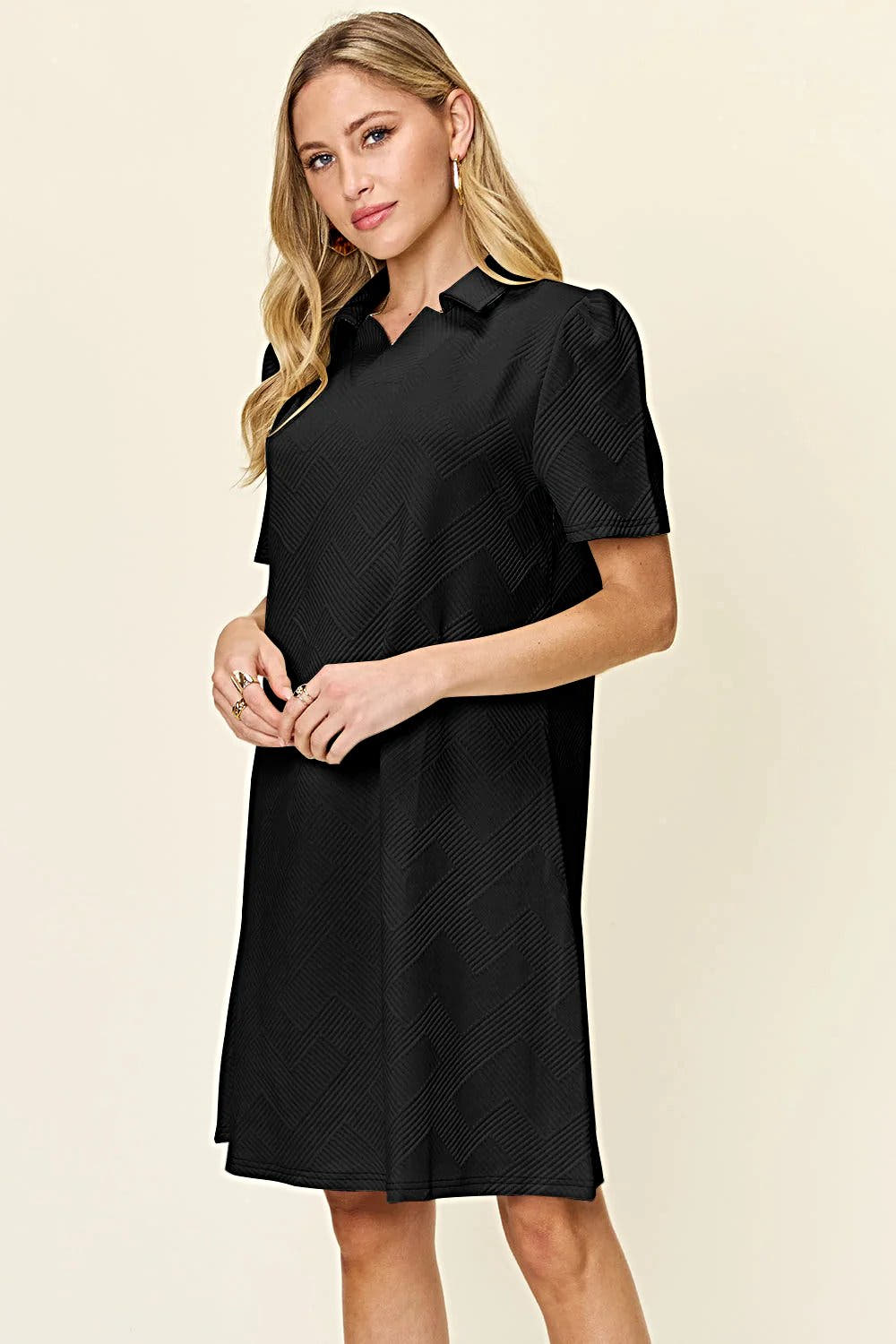 Elegant Double Take Short Sleeve Collar Dress - Textured Opaque Design, Slightly Stretchy, Machine Washable Trendsi