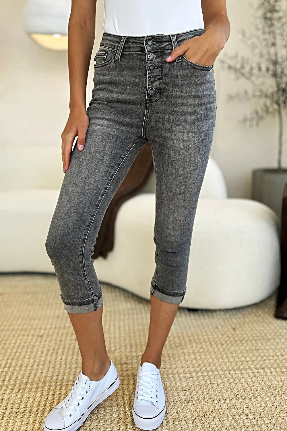 Judy Blue Full Size Button Fly High Waist Cuffed Capris -