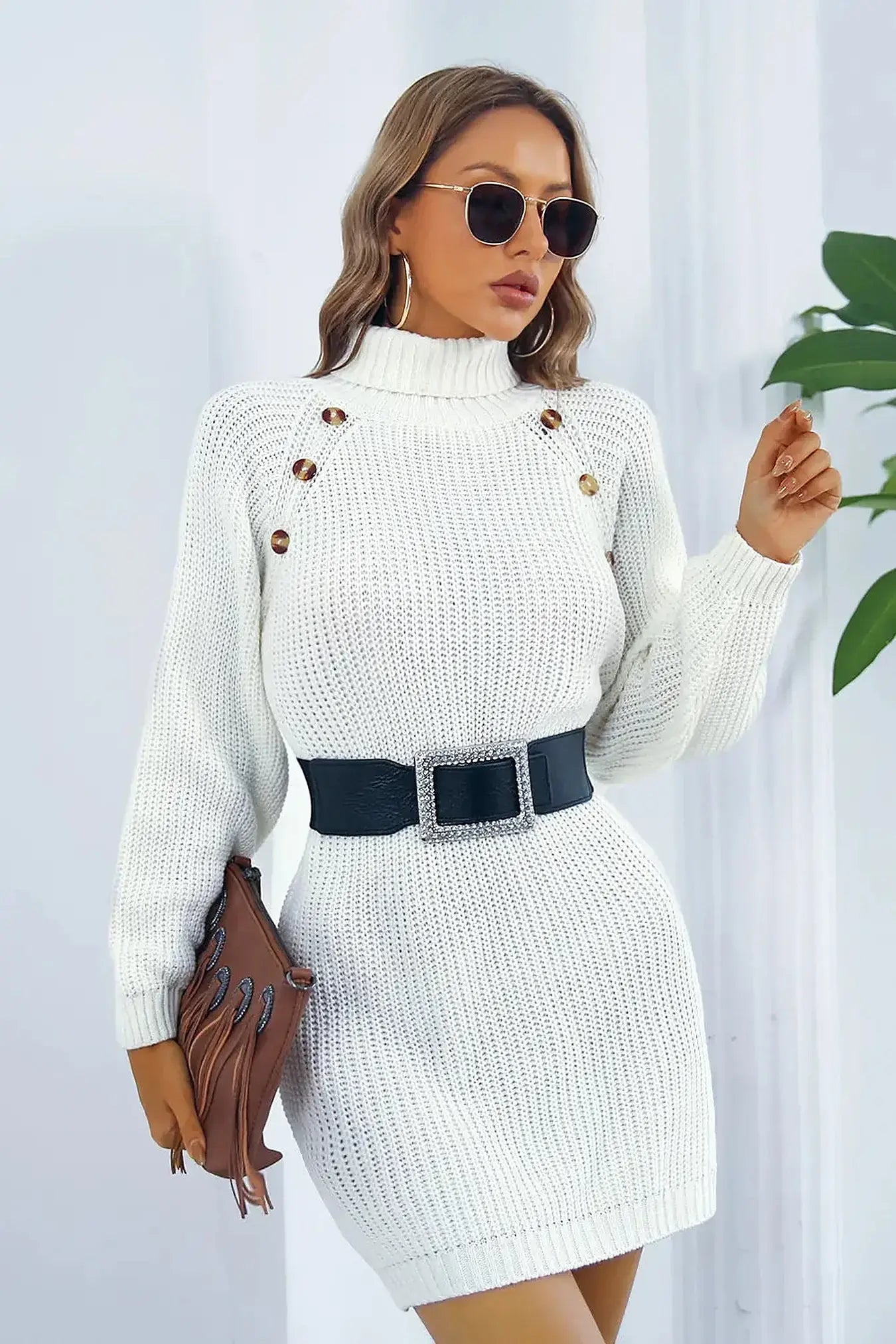 Buttoned Turtleneck Long Sleeve Sweater Dress -