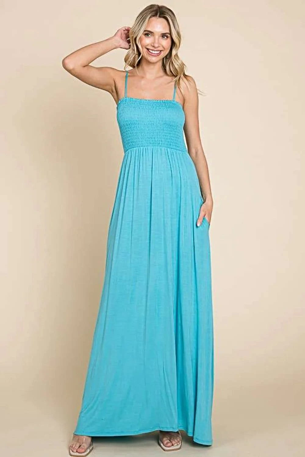 Elegant Smocked Cami Maxi Dress with Pockets - Flattering Fit & Flowing Style Trendsi