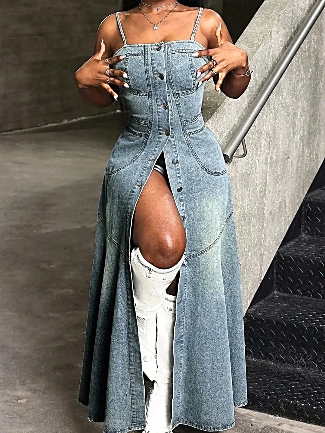 Smocked Button Front Denim Cami Dress -