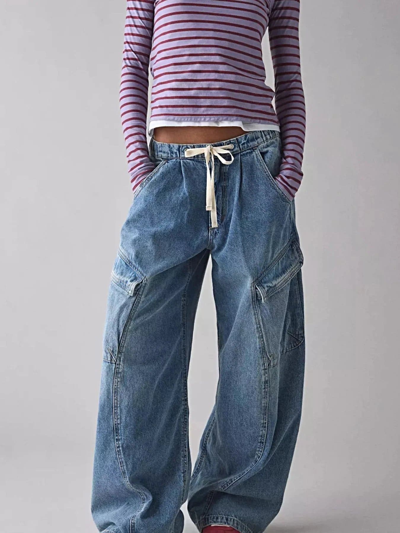 Drawstring Waist Cargo Jeans -