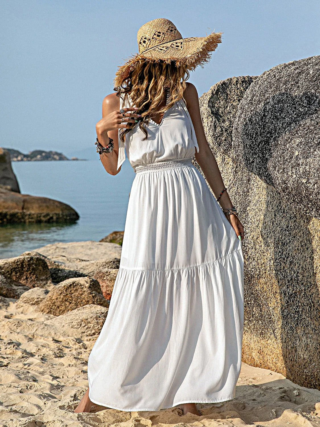 V-Neck Tie Shoulder Crochet Maxi Dress -
