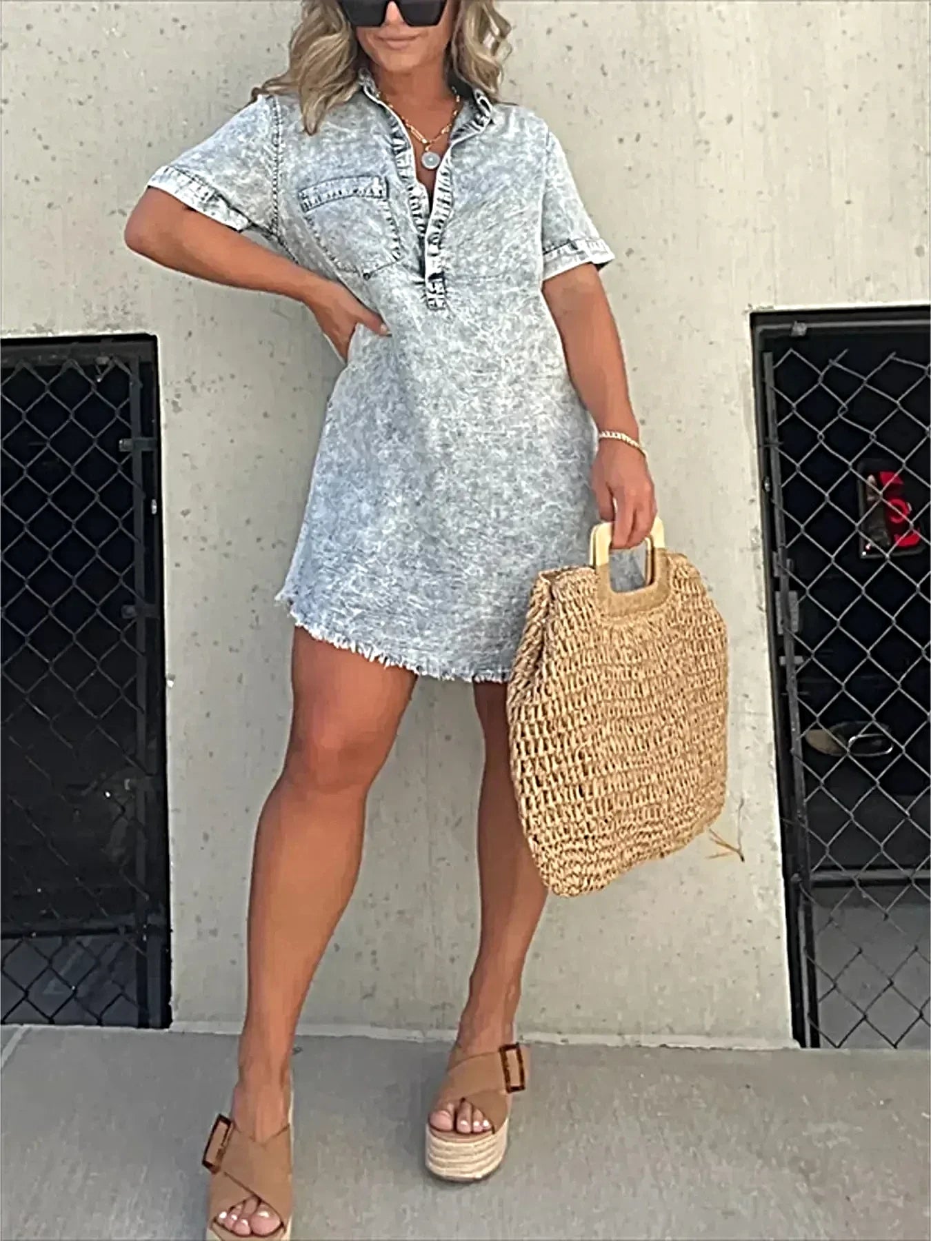 Full Size Raw Hem Short Sleeve Denim Dress Plus Size -