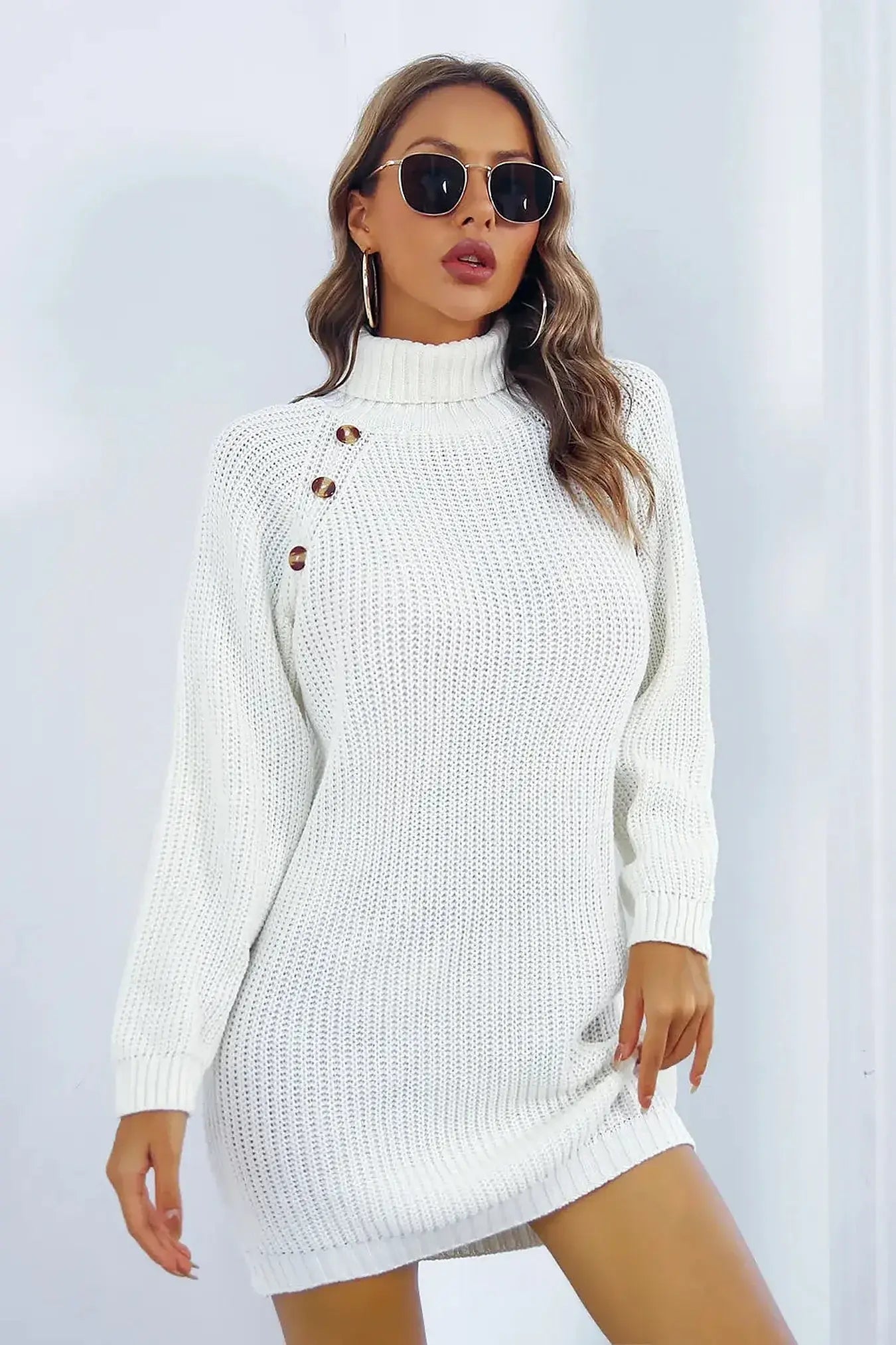 Buttoned Turtleneck Long Sleeve Sweater Dress -