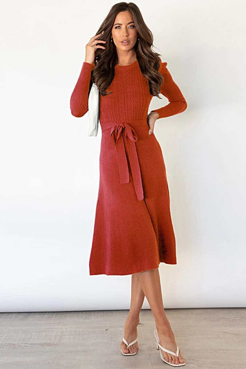 Luxury Tie Waist Sweater Dress with Round Neck and Long Sleeves - Highly Stretchy, Opaque Fabric Trendsi
