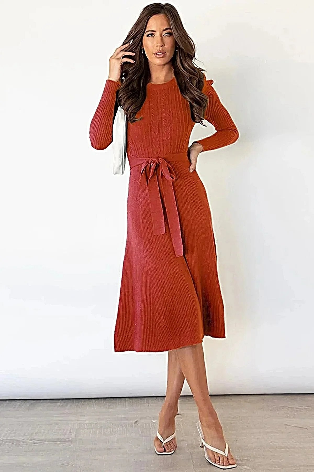 S-2XL • Tie Waist Sweater Dress • Round Neck, Long Sleeves • Stretchy Opaque Fabric -