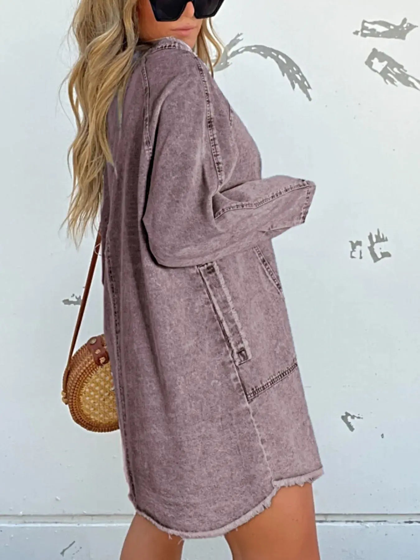 Full Size Button-Front Long Sleeve Denim Shirt Dress Plus Size -