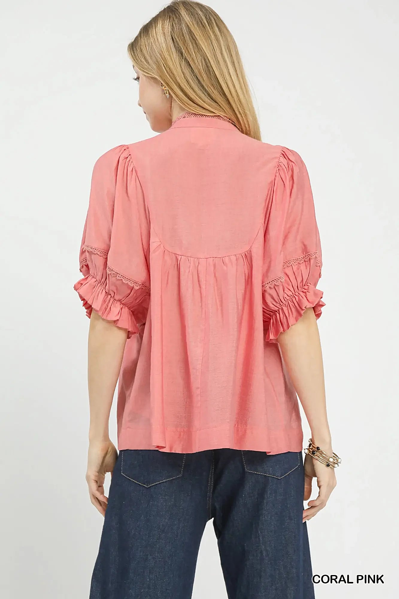 Umgee Smocked Yoke Blouse with Ruffle Sleeves -