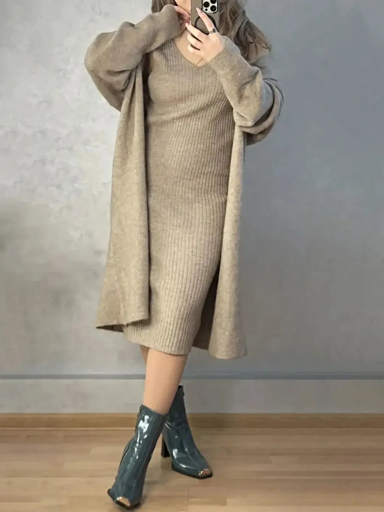 V-Neck Cami Dress and Open Front Cardigan Sweater Set -