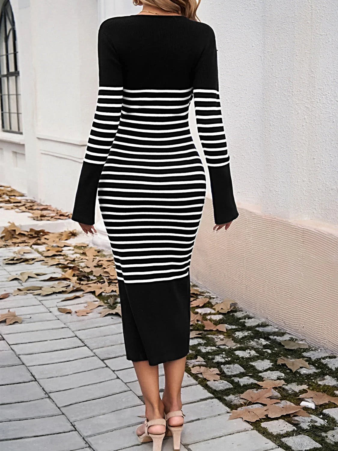 Devine Striped V-Neck Sweater Dress With Long Sleeves And Moderate Stretch, 100% Polyester Trendsi