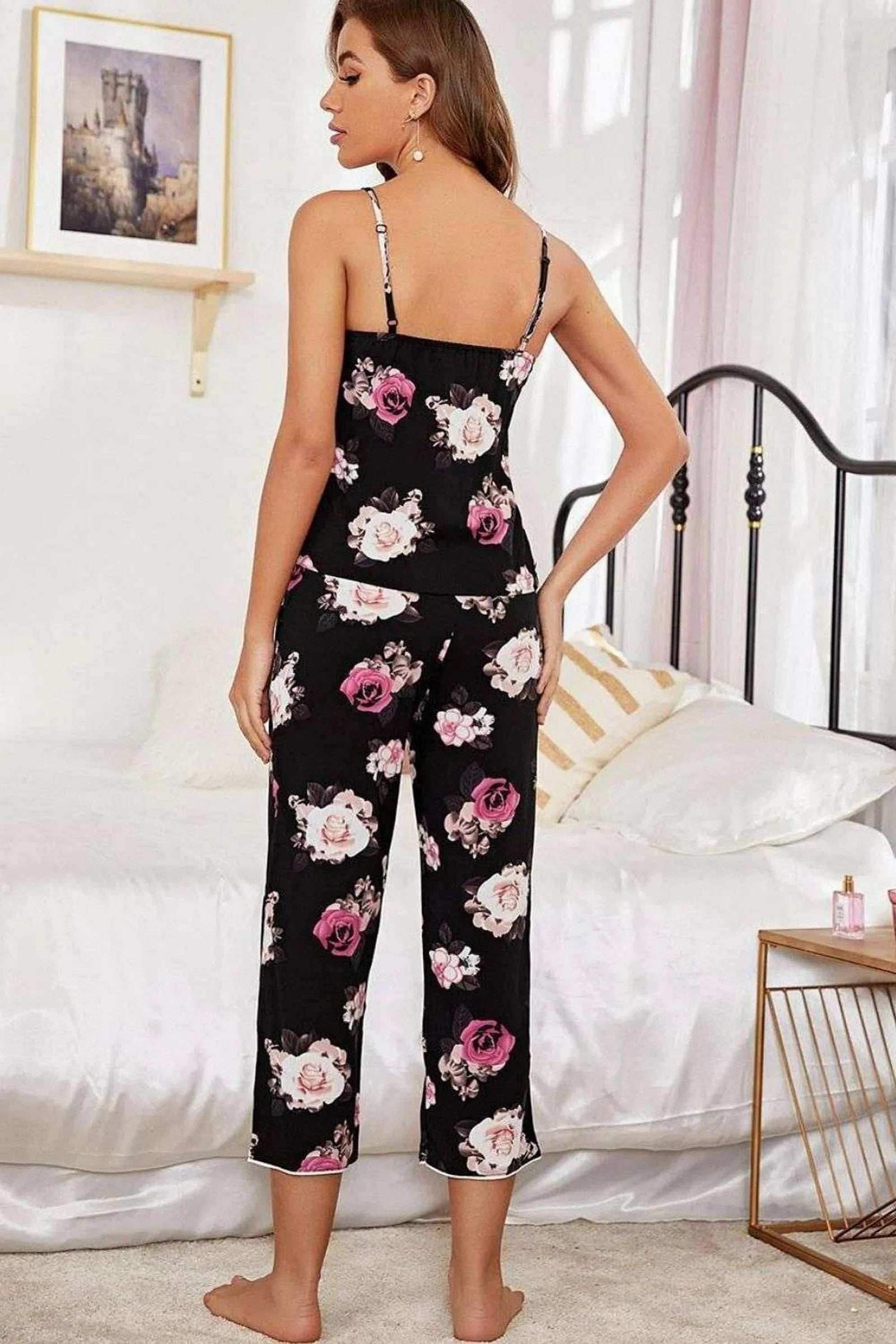 Floral V-Neck Cami and Cropped Pants Lounge Set - womans pajamas