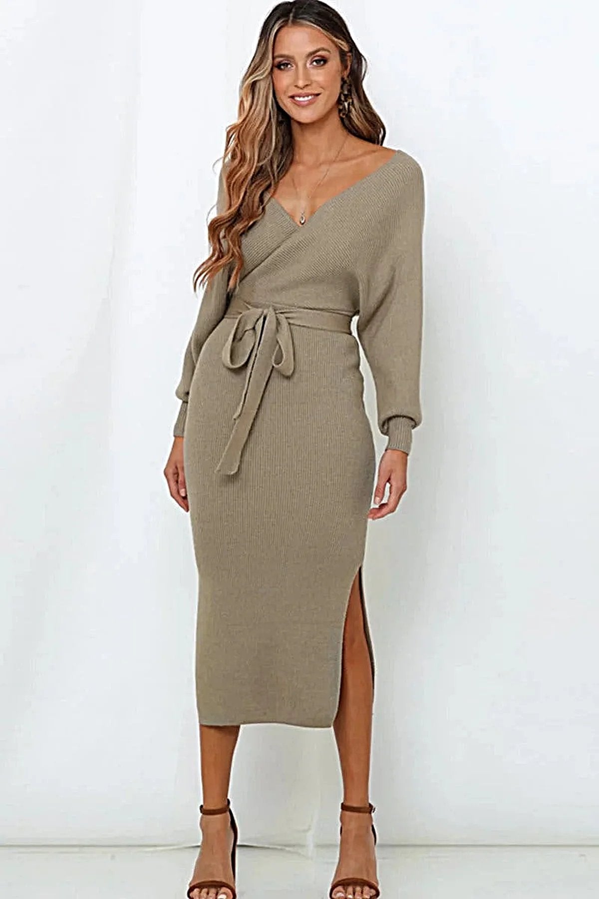 Elegant Surplice Neck Sweater Dress with Bow Waist and Slit Detail - Highly Stretchy, Regular Fit Trendsi