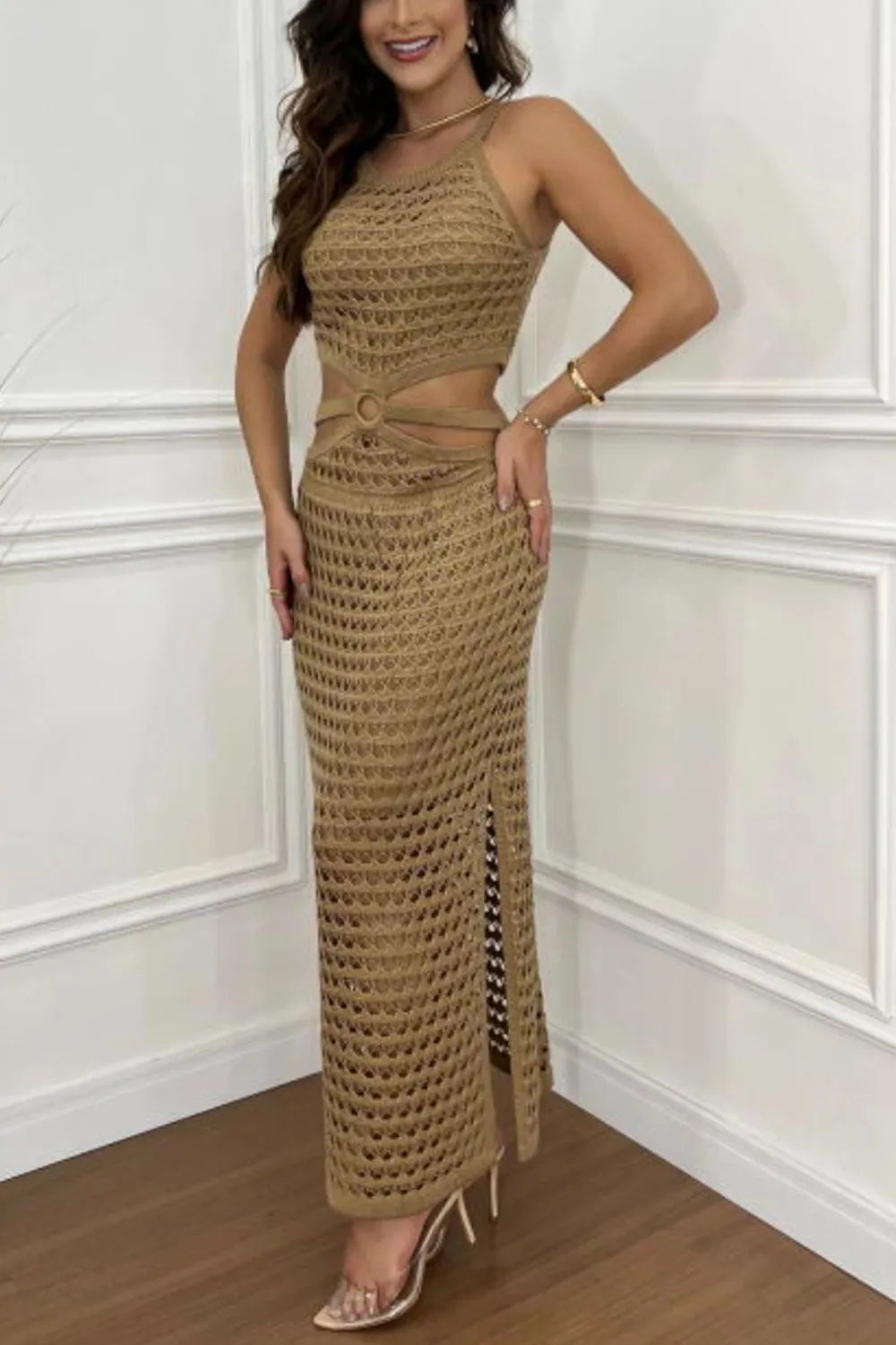 Cutout Slit Round Neck Sweater Dress -