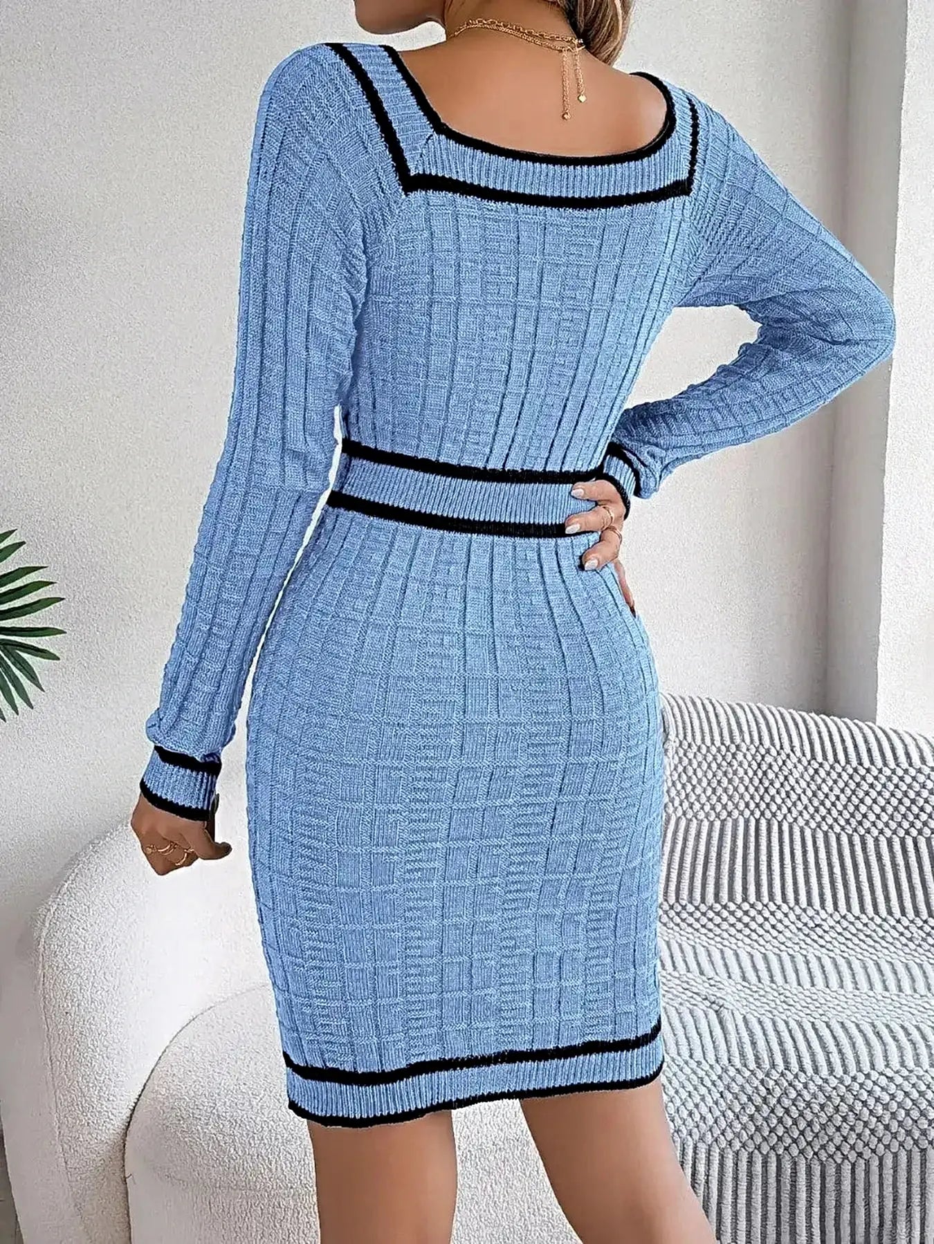 Contrast Trim Long Sleeve Sweater Dress -