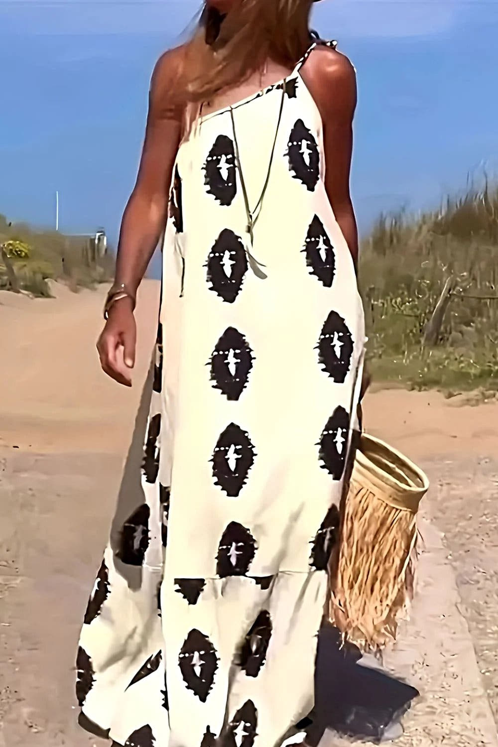 Chic Printed Maxi Dress With Single Shoulder Design - Elegant Opaque Style by Trendsi Trendsi