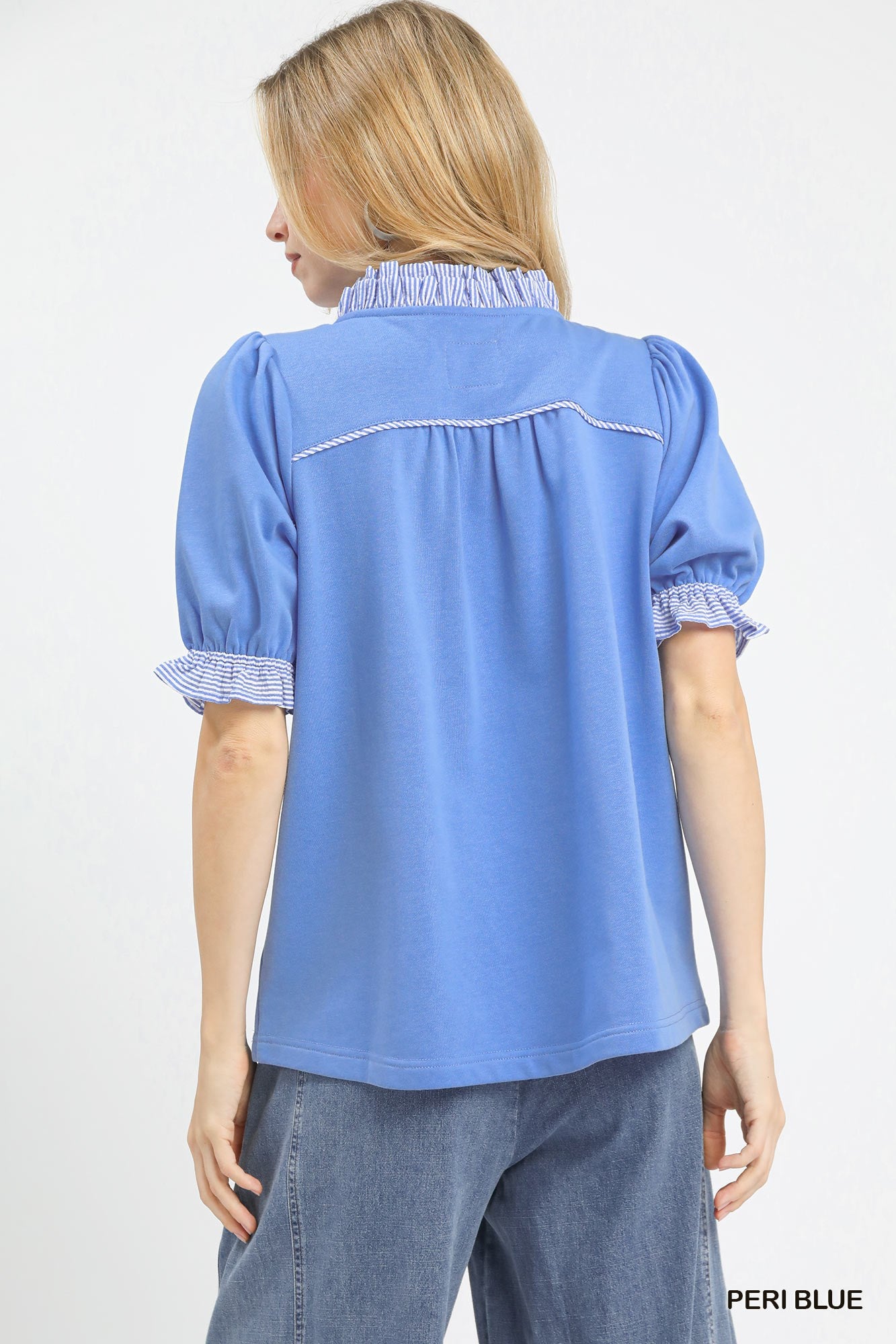 Umgee French Terry Ruffle Trim Puff Sleeve Top -