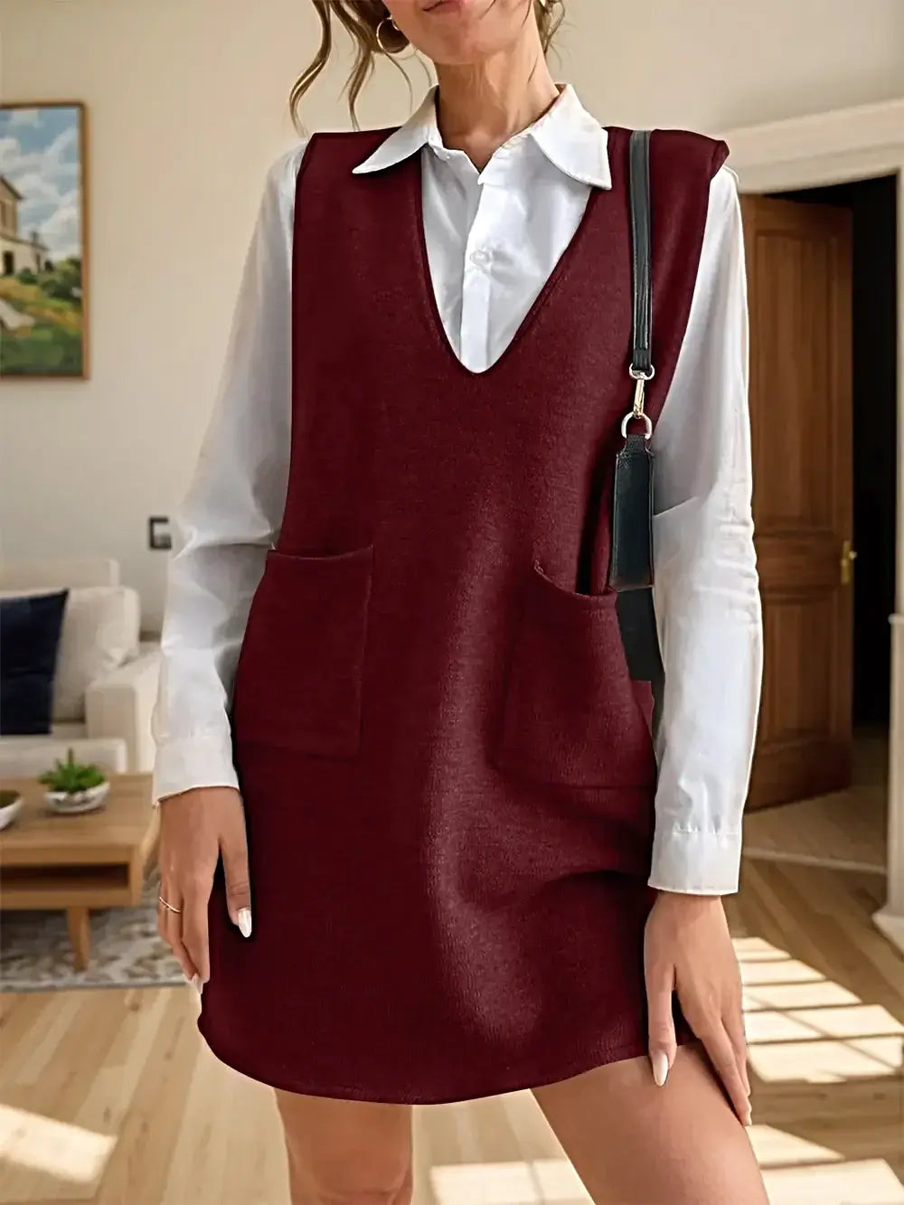V-Neck Sleeveless Sweater Dress with Pockets -