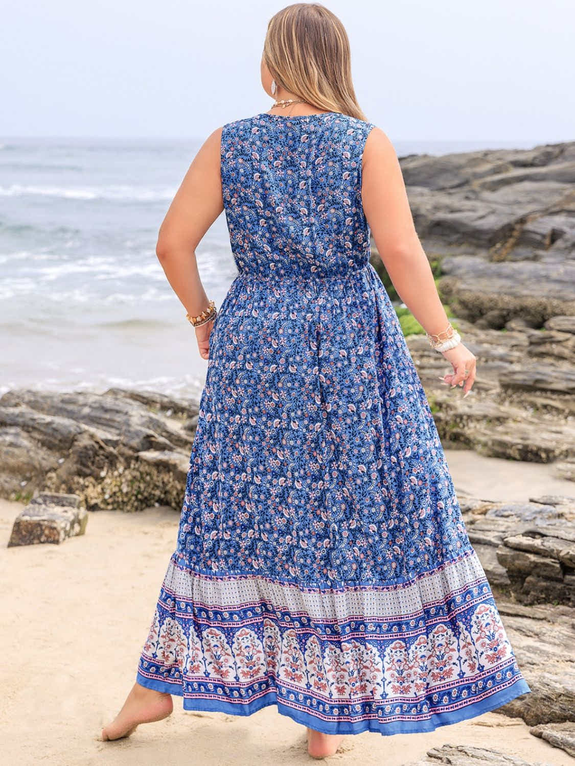 Plus Size Tied Printed Sleeveless Maxi Dress Trendsi