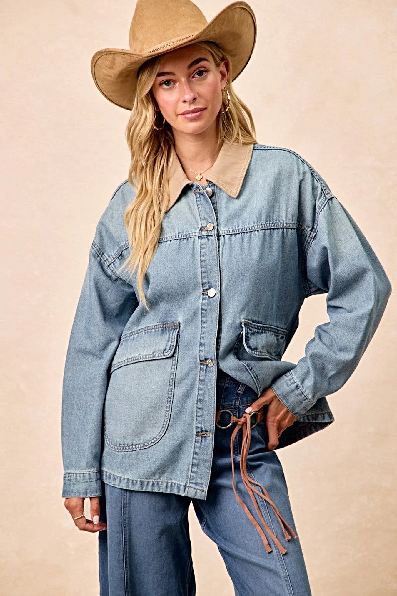 BiBi Washed Denim Jacket with Contrast Collar Detail -