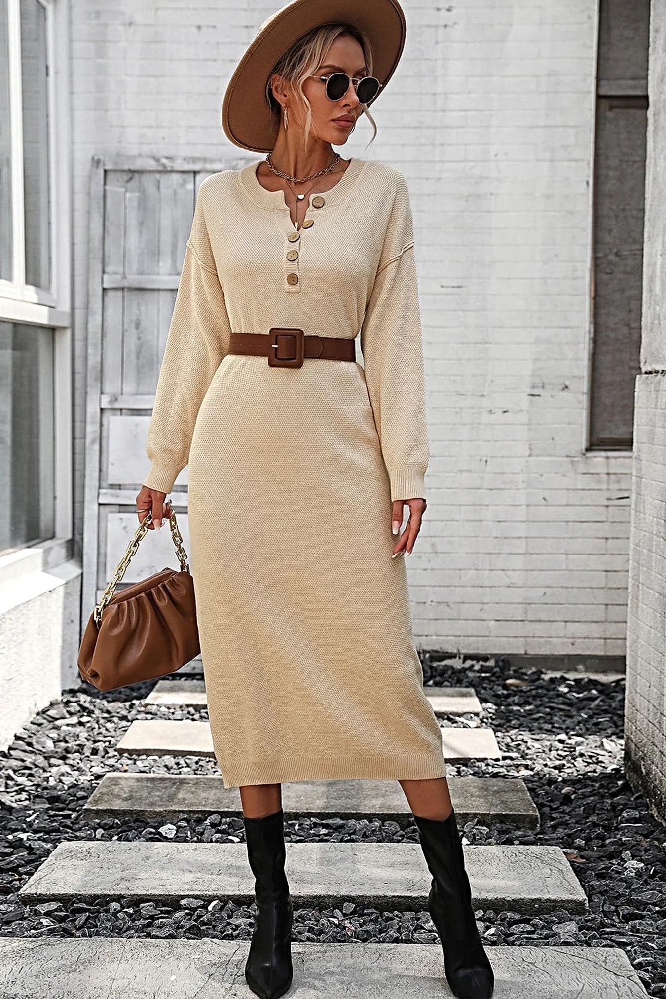 Notched Neck Dropped Shoulder Button-Down Midi Dress -