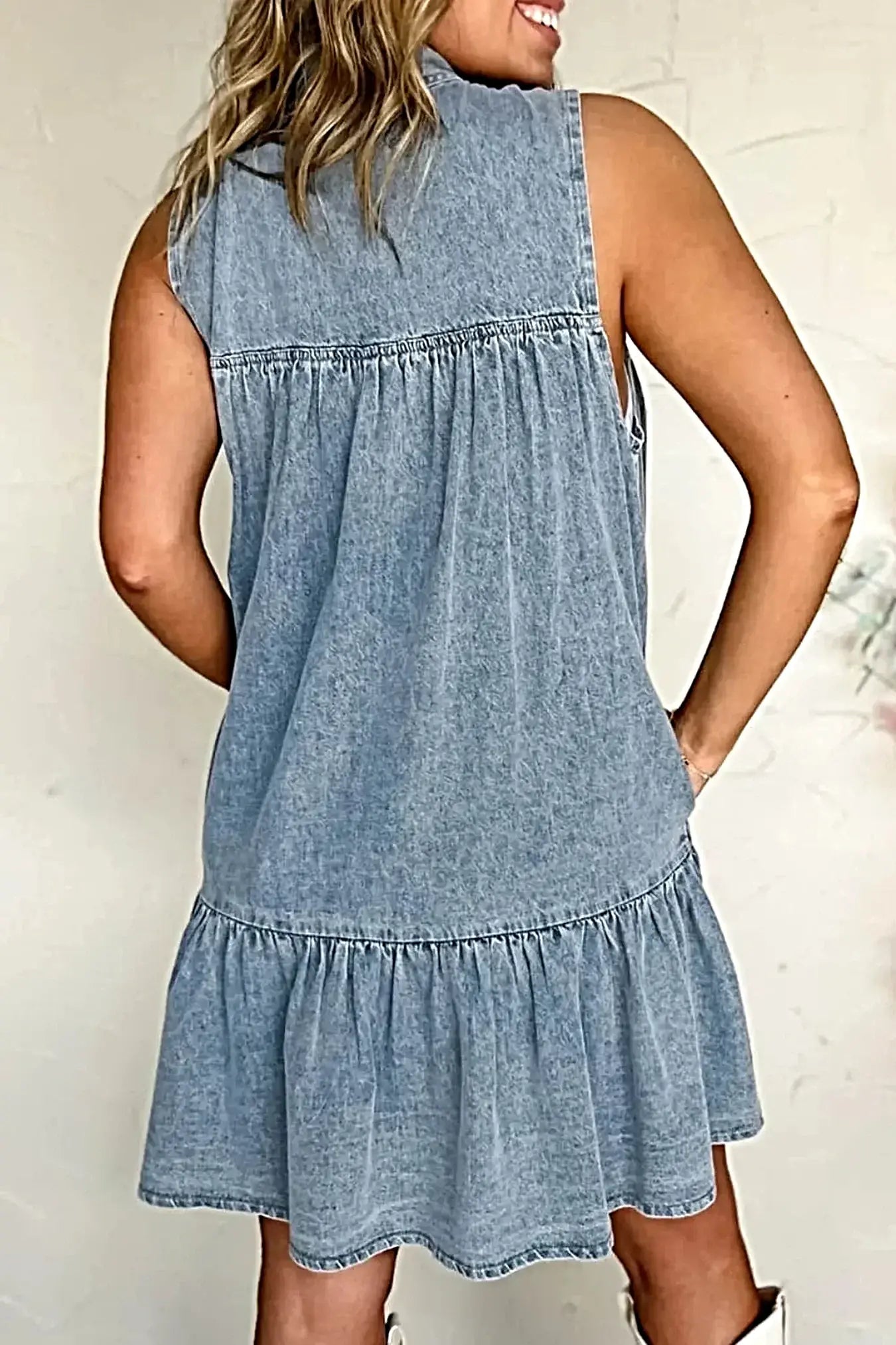 Tie Neck Sleeveless Denim Dress -