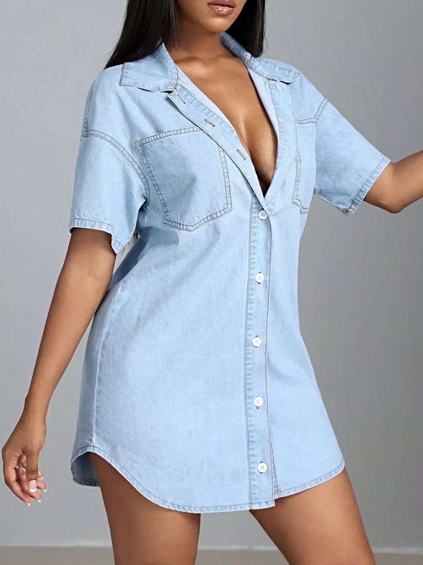 Button-Down Short Sleeve Denim Dress -