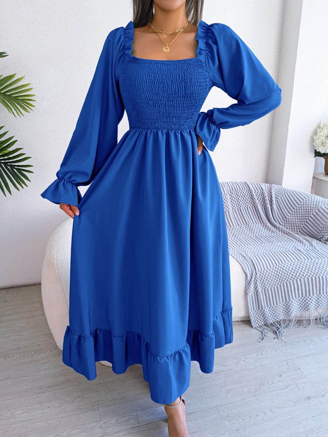 Smocked Square Neck Flounce Sleeve Dress -