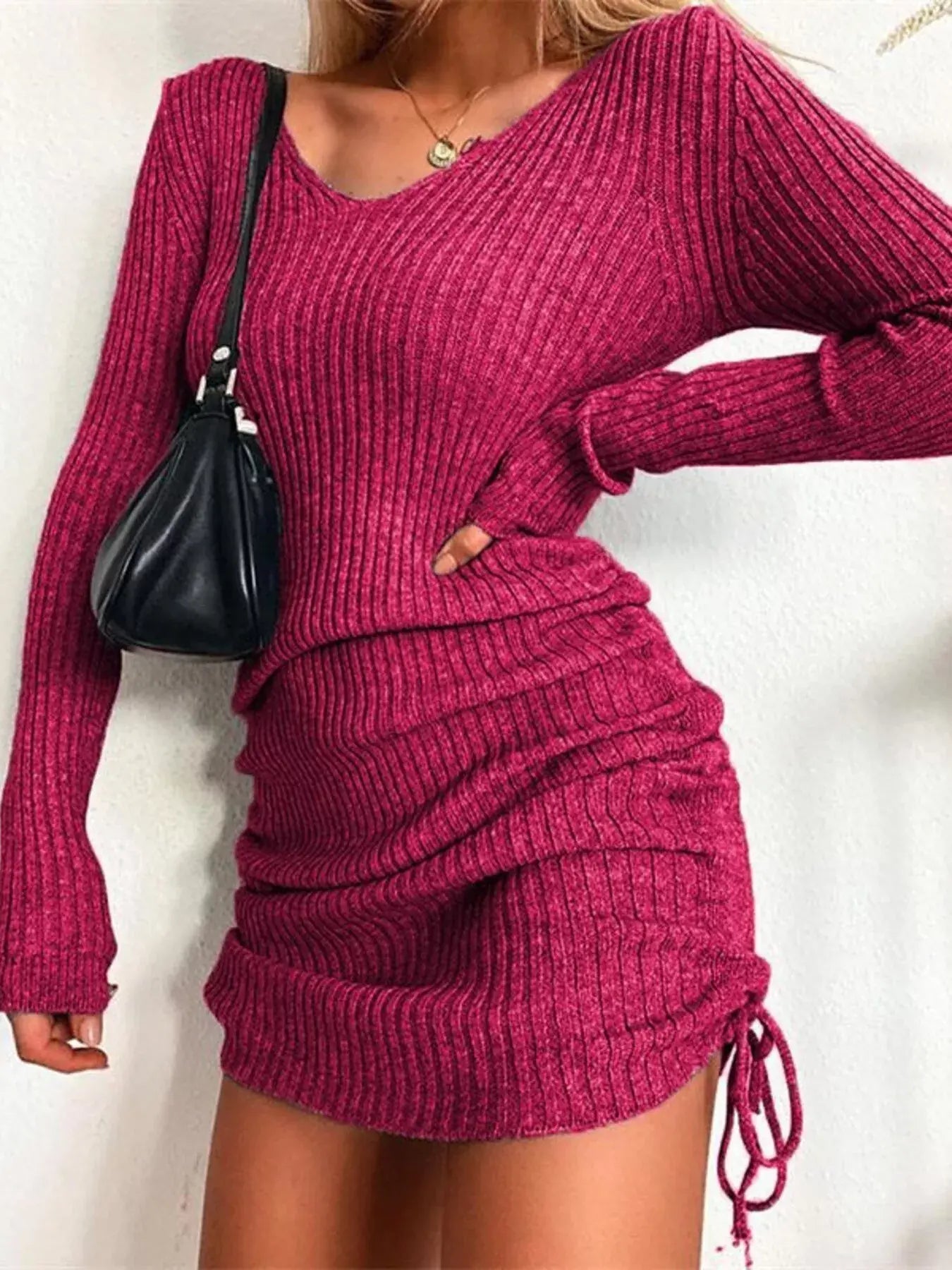 Full Size Ribbed Knit Drawstring Bodycon Sweater Dress Plus Size -