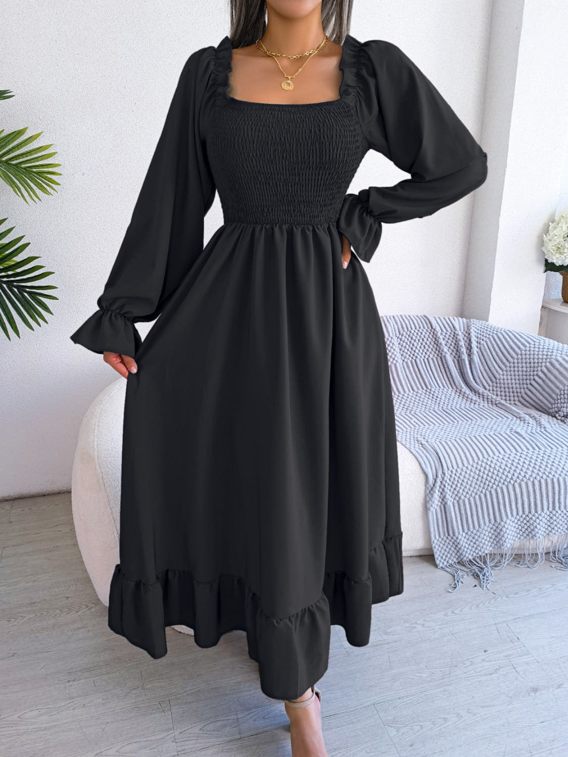 Smocked Square Neck Flounce Sleeve Dress -