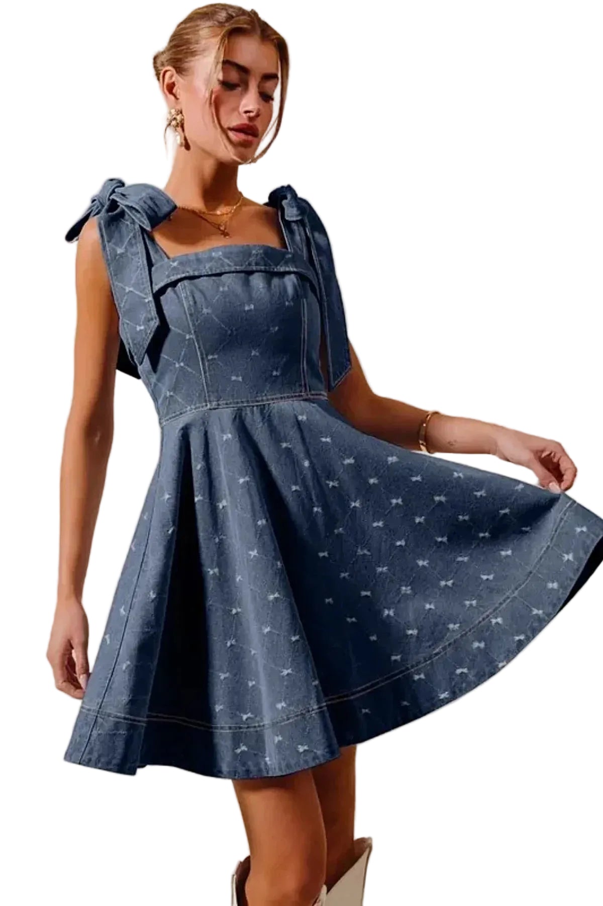 Elegant A-Line Fit and Flare Denim Dress with Diamond Bow Ribbon Detail -