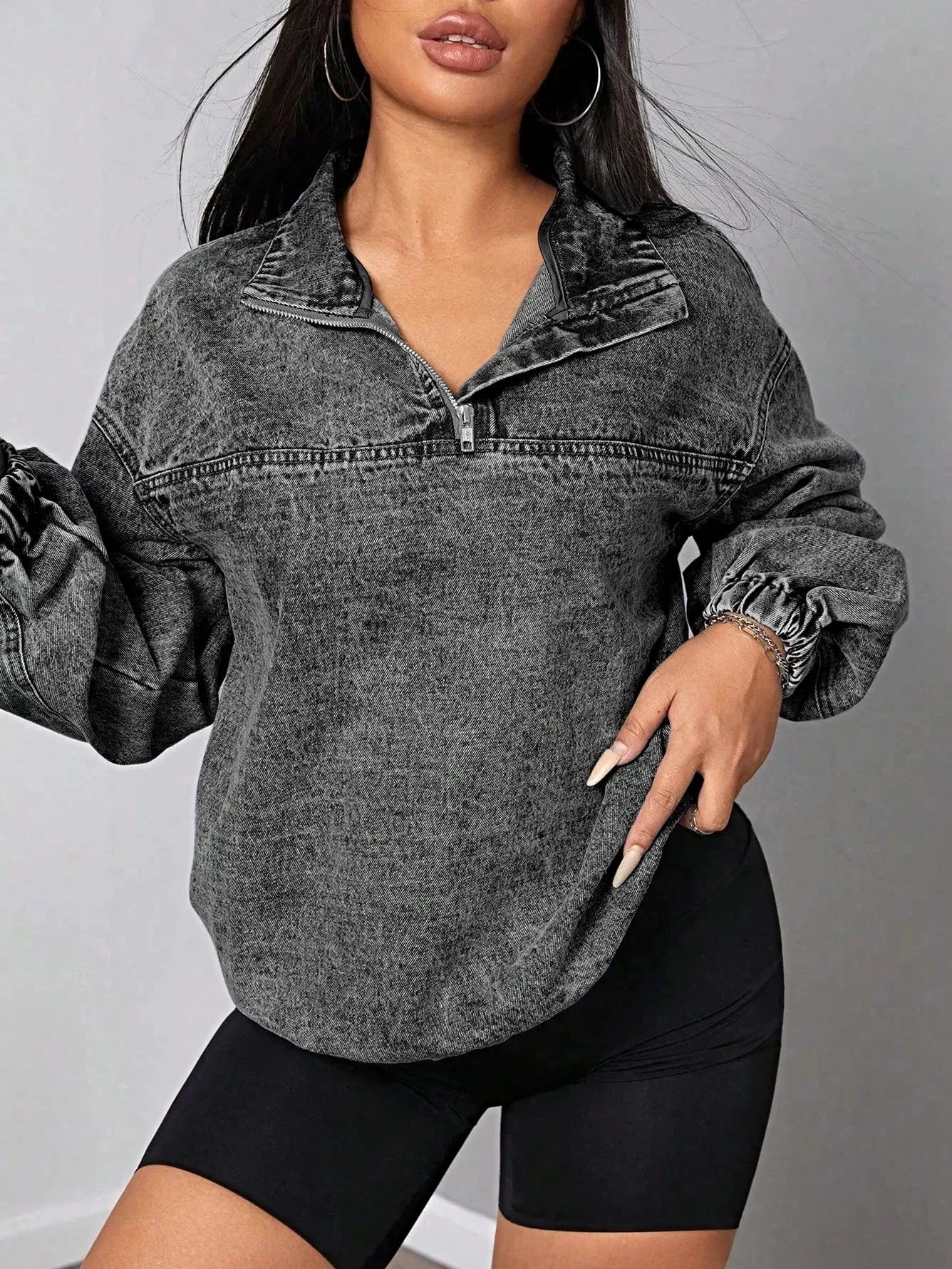 Elastic Hem Quarter Zip Denim Top -